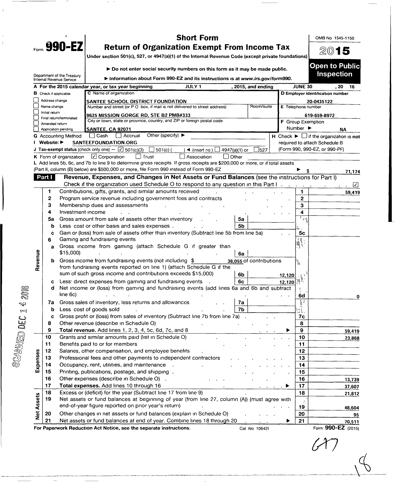 Image of first page of 2015 Form 990EZ for Santee School District Foundation