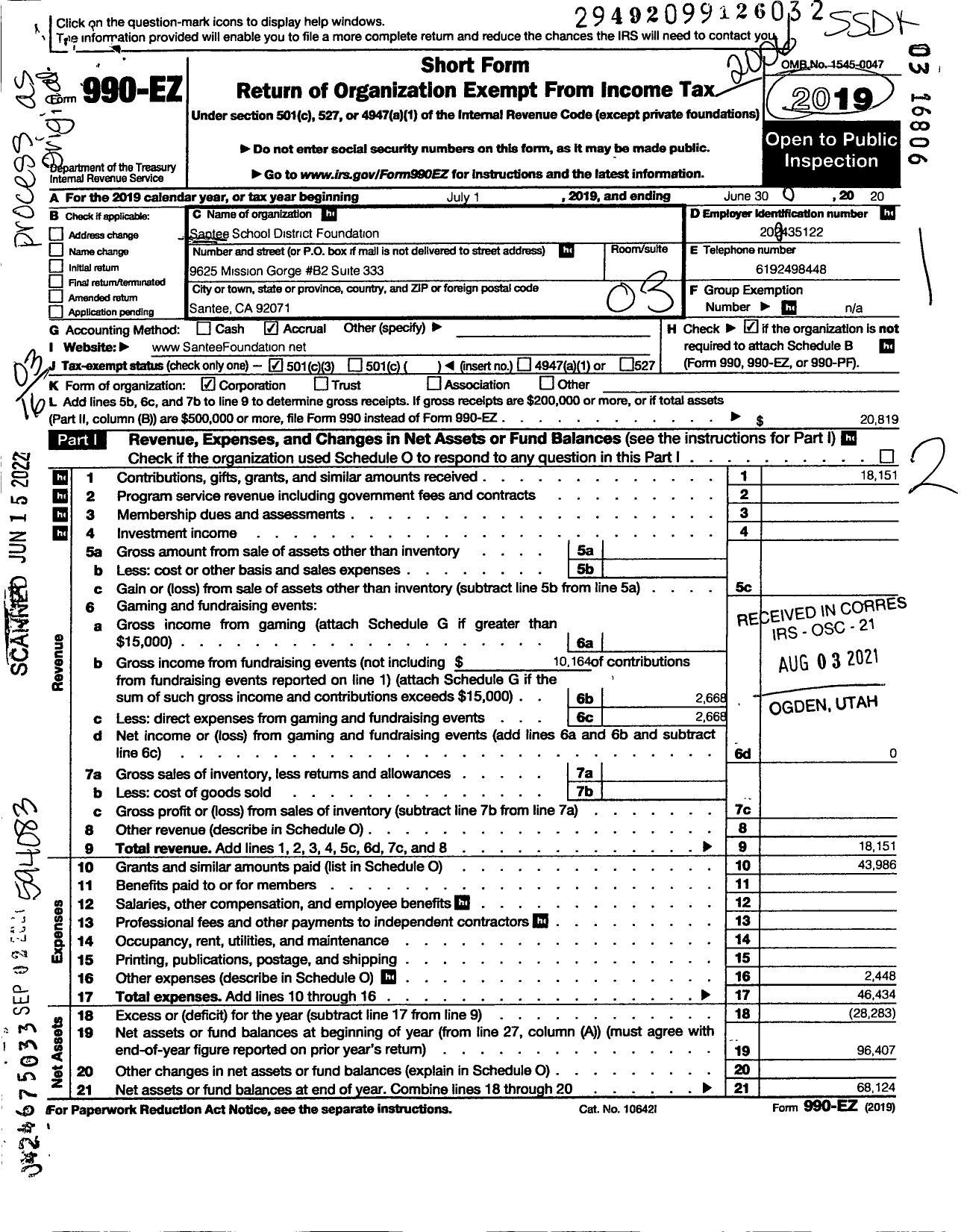 Image of first page of 2019 Form 990EZ for Santee School District Foundation