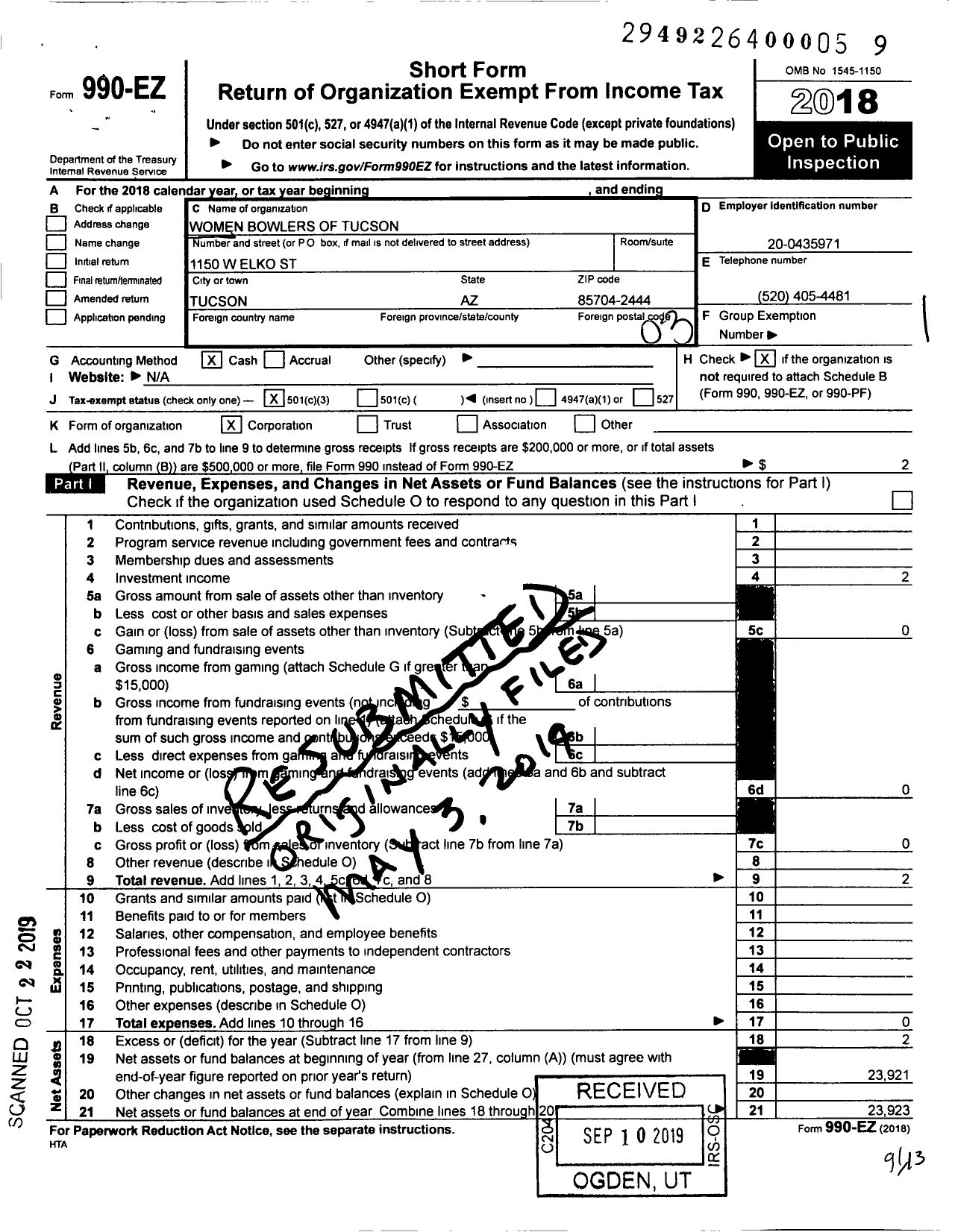 Image of first page of 2018 Form 990EZ for Women Bowlers of Tuscon