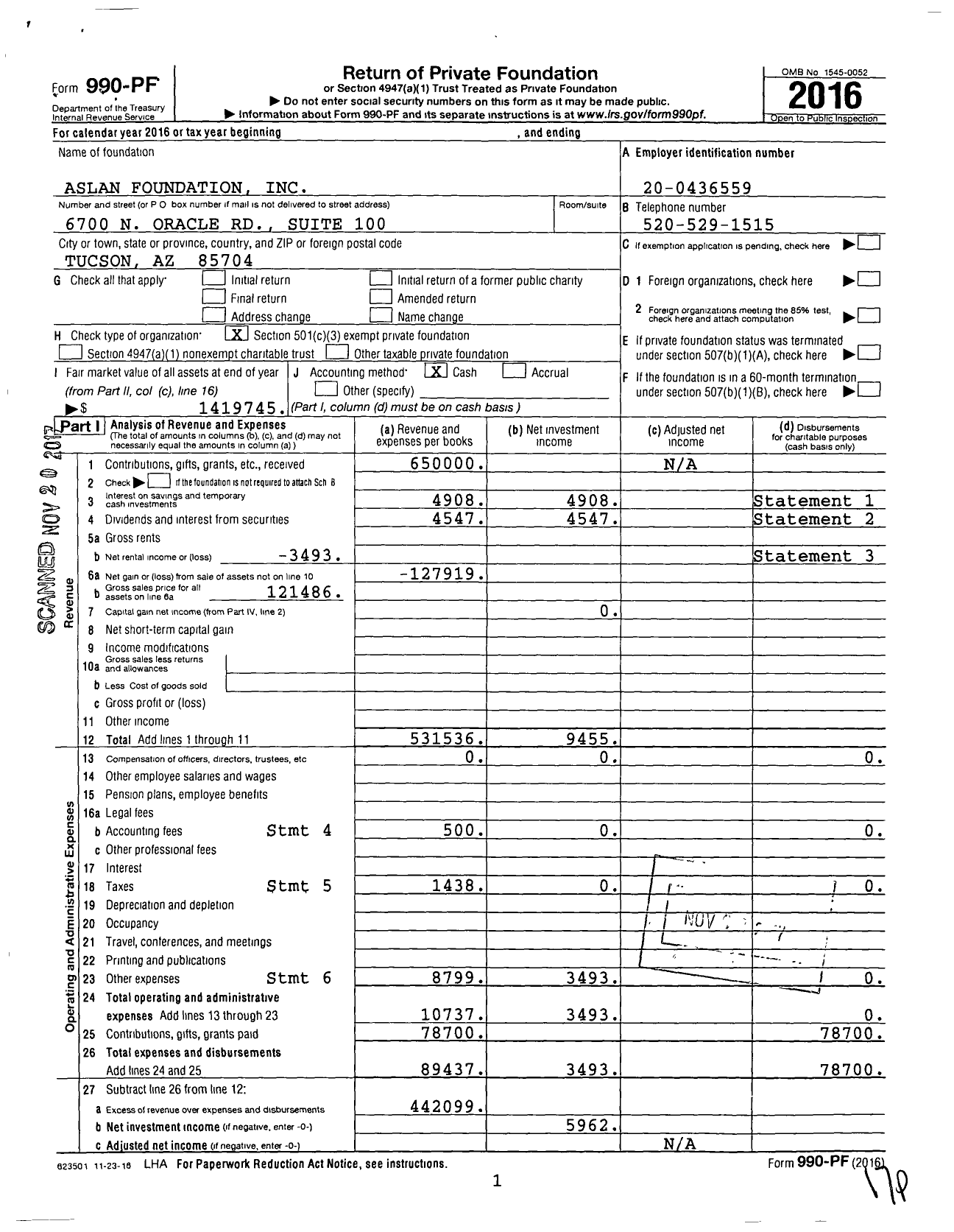 Image of first page of 2016 Form 990PF for Aslan Foundation