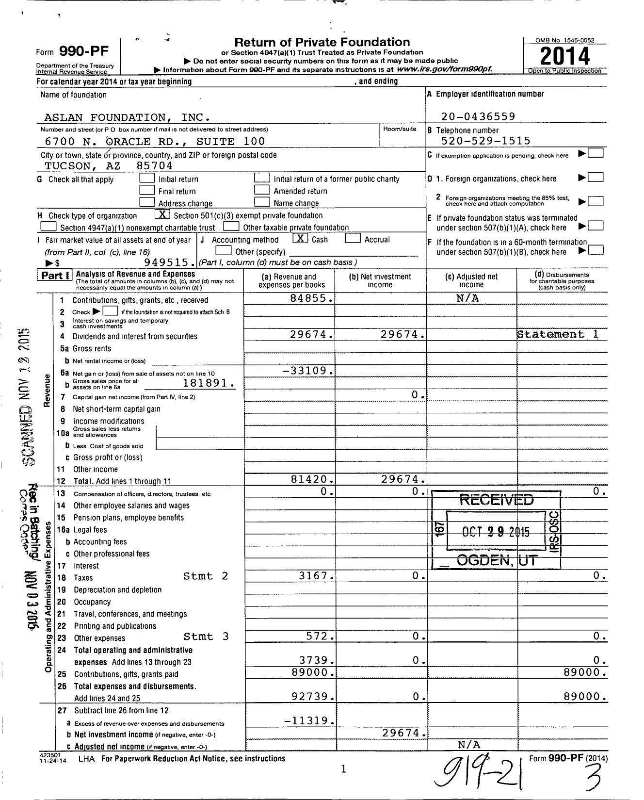 Image of first page of 2014 Form 990PF for Aslan Foundation