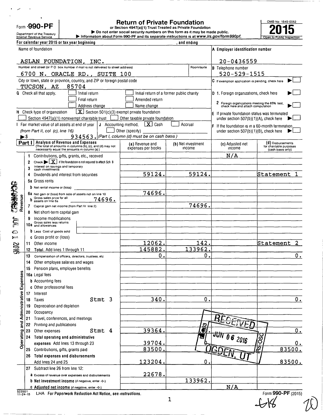 Image of first page of 2015 Form 990PF for Aslan Foundation