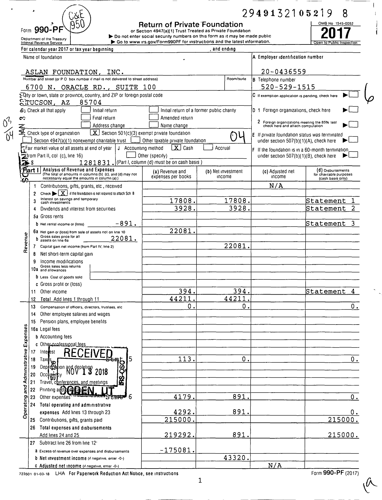 Image of first page of 2017 Form 990PF for Aslan Foundation
