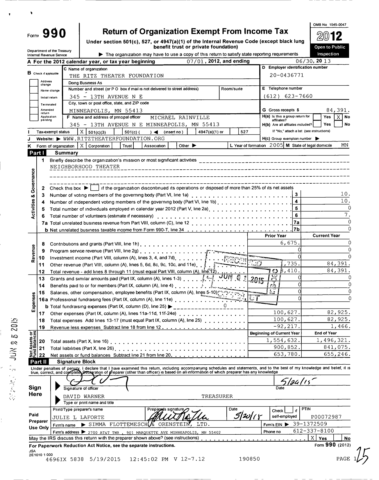 Image of first page of 2012 Form 990 for Ritz Theater Foundation