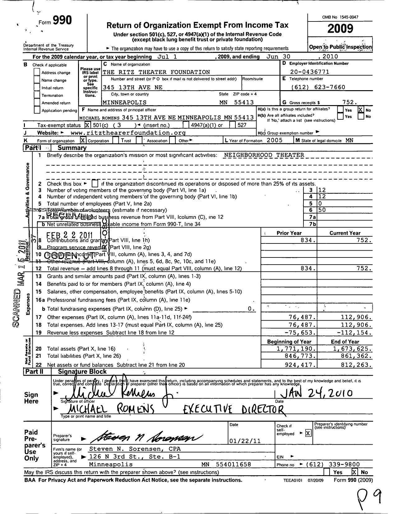 Image of first page of 2009 Form 990 for Ritz Theater Foundation