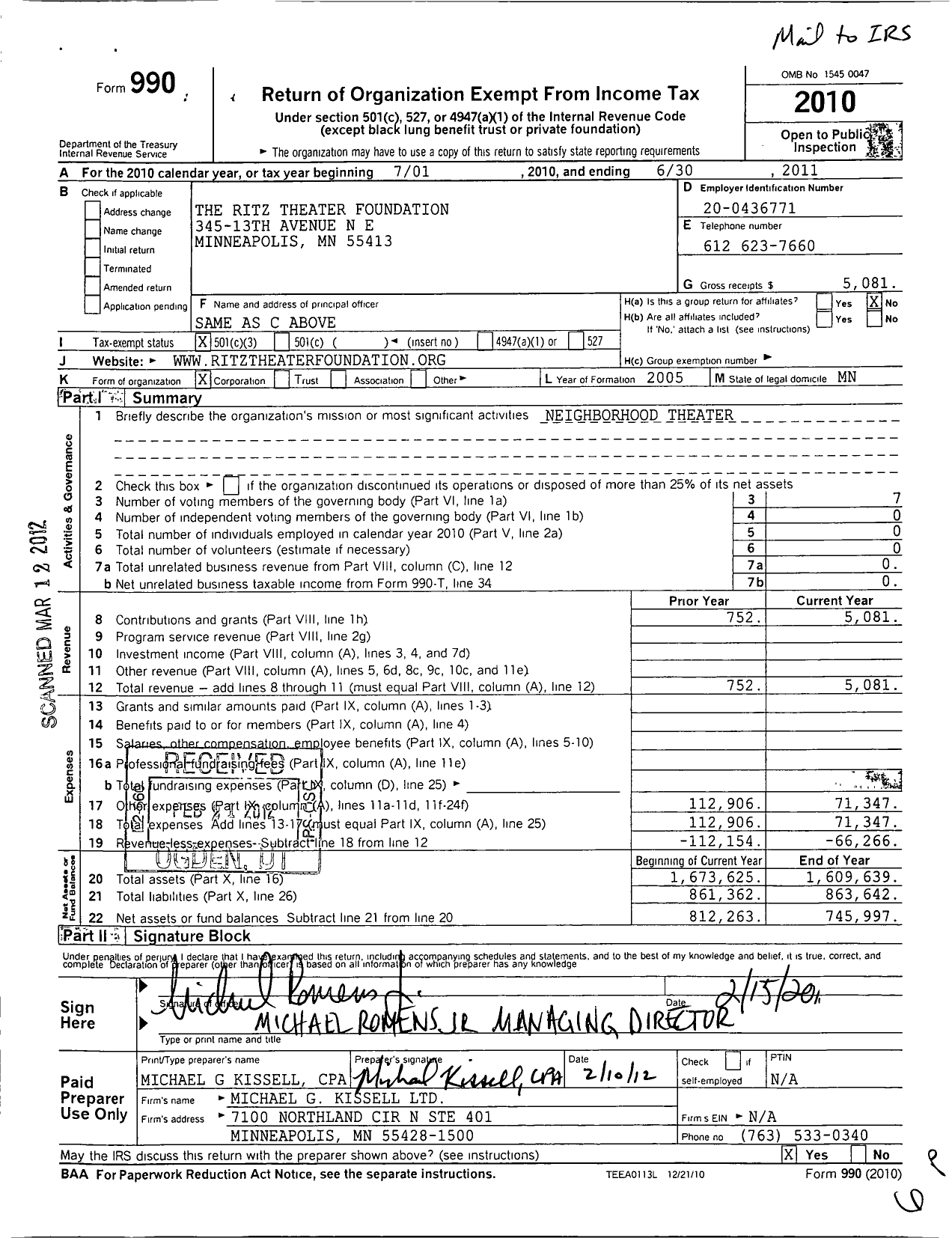 Image of first page of 2010 Form 990 for Ritz Theater Foundation