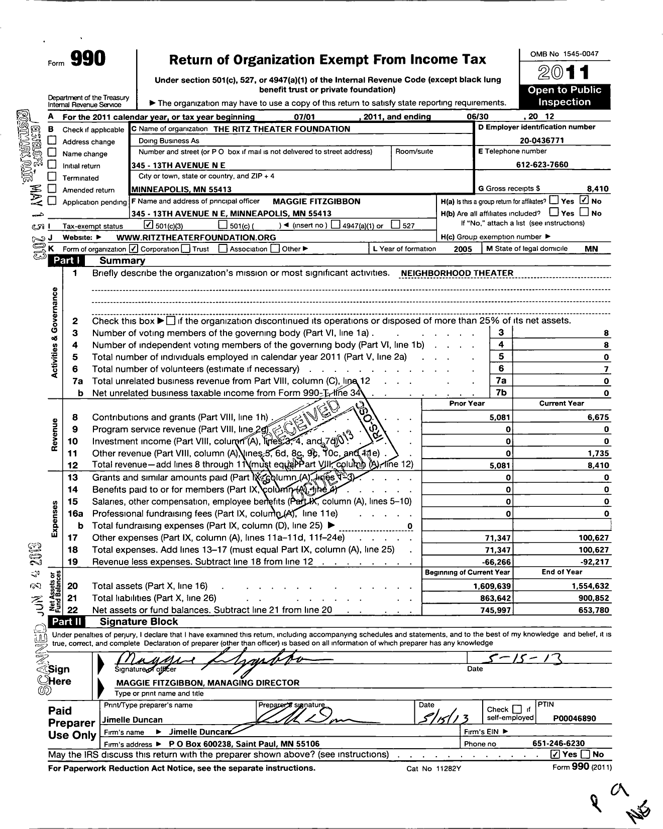 Image of first page of 2011 Form 990 for Ritz Theater Foundation