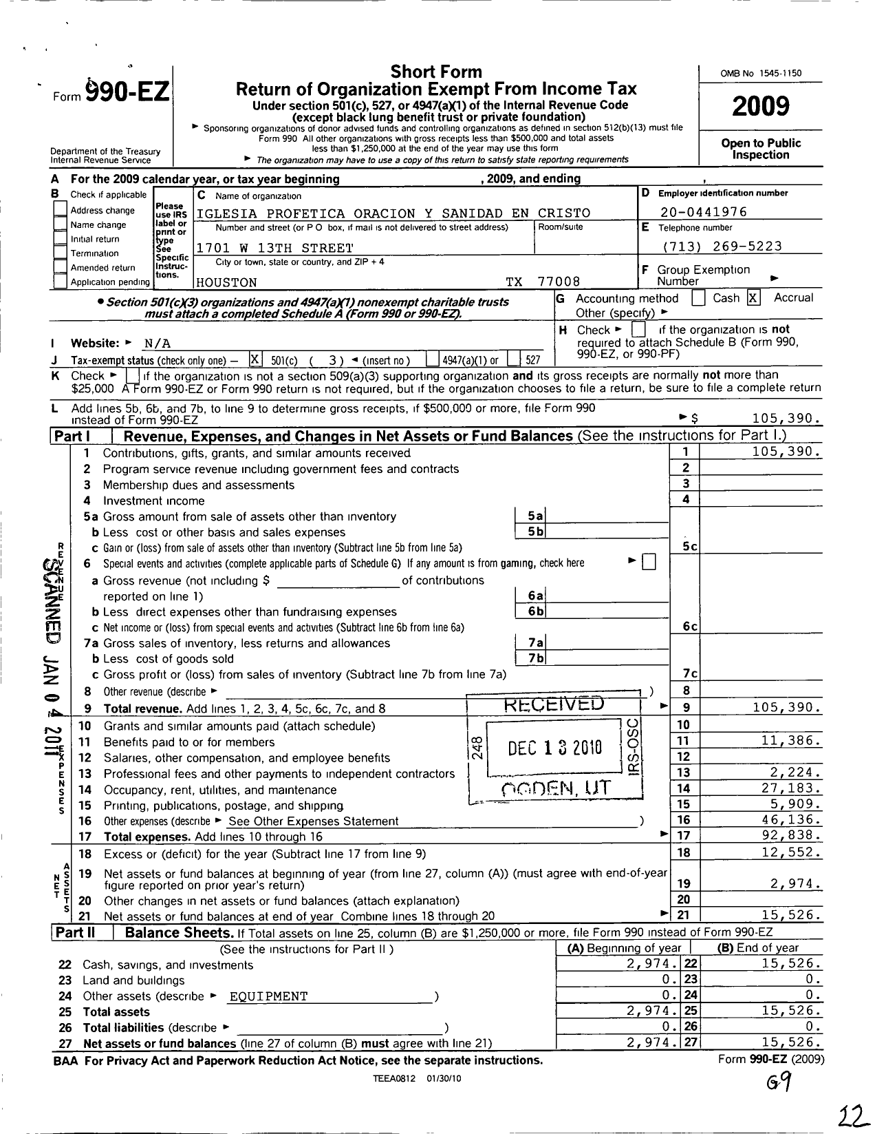 Image of first page of 2009 Form 990EZ for Iglesia Profetica Oracion Y Sanidad En Cristo