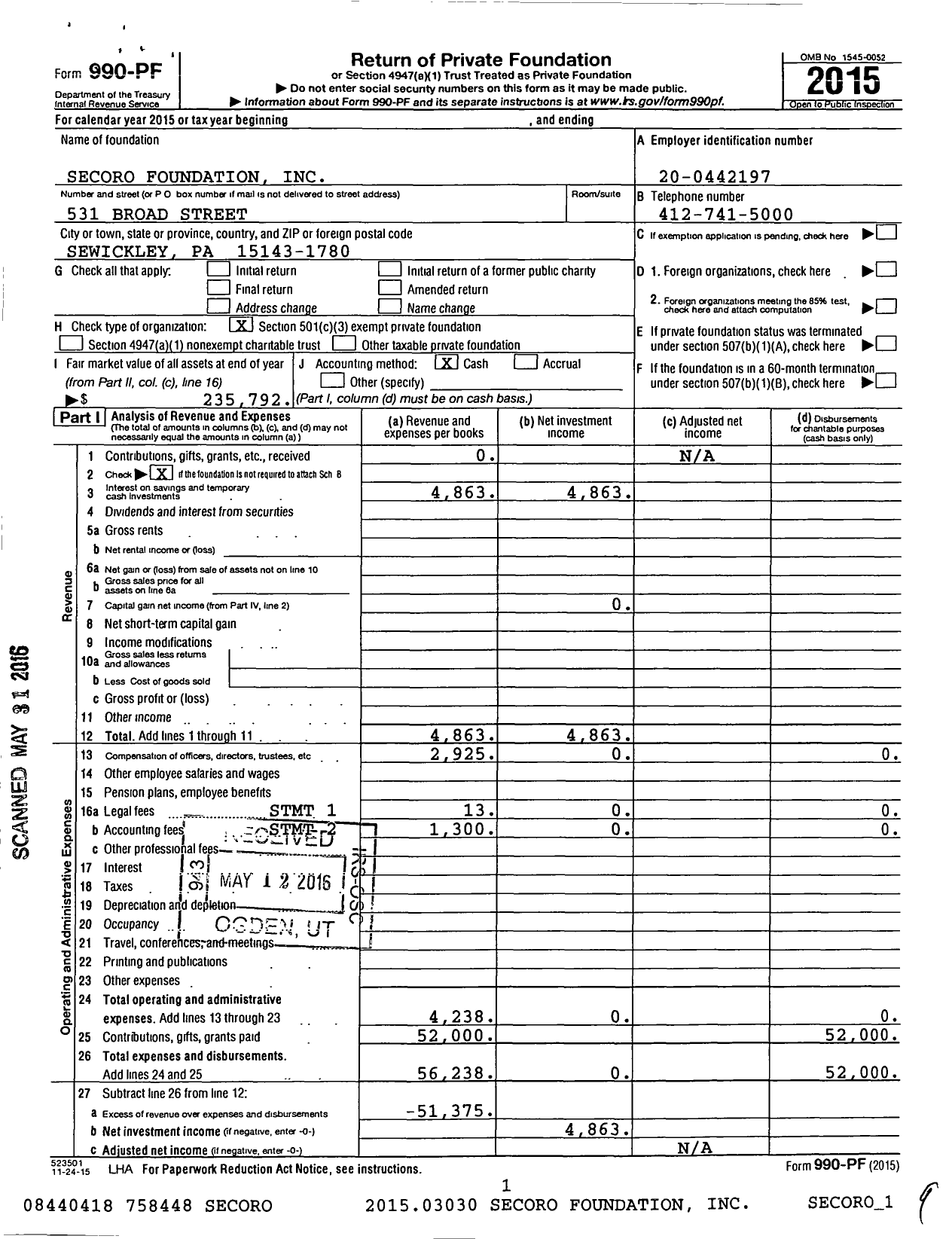 Image of first page of 2015 Form 990PF for Secoro Foundation