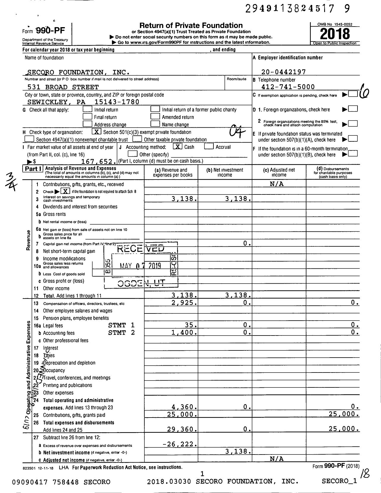 Image of first page of 2018 Form 990PF for Secoro Foundation