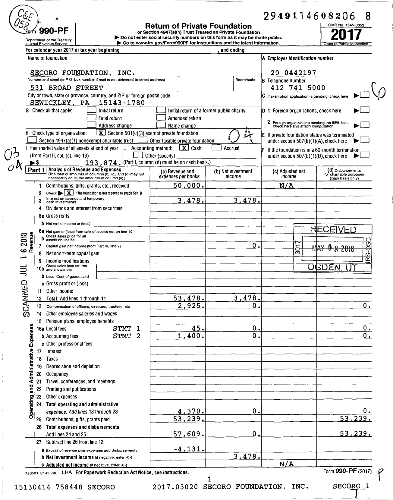 Image of first page of 2017 Form 990PF for Secoro Foundation