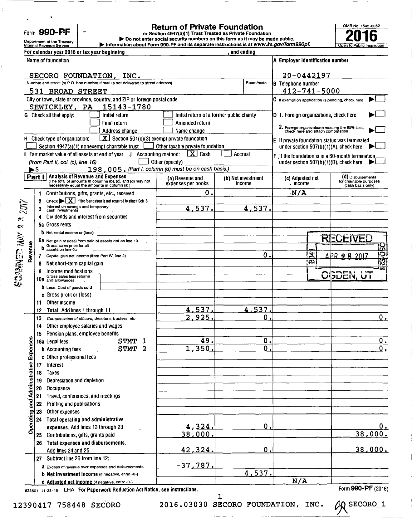 Image of first page of 2016 Form 990PF for Secoro Foundation