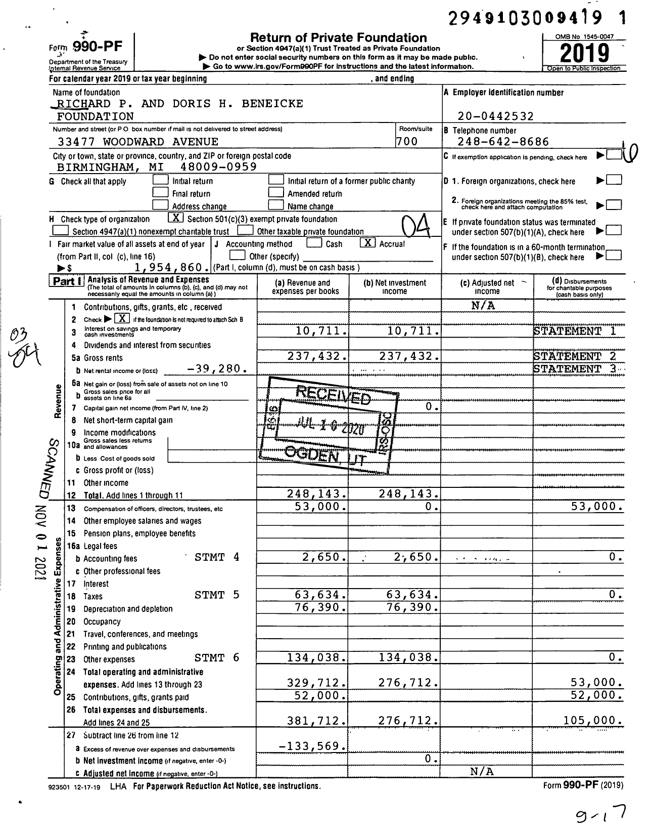 Image of first page of 2019 Form 990PF for Richard P and Doris H Beneicke Foundation