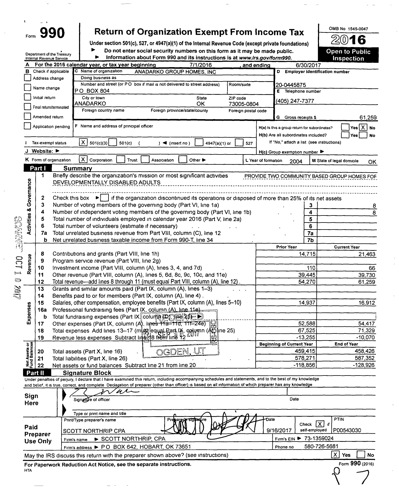 Image of first page of 2016 Form 990 for Anadarko Group Homes