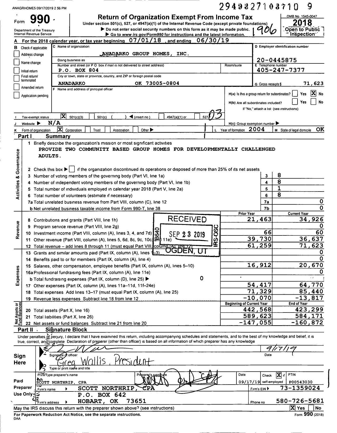 Image of first page of 2018 Form 990 for Anadarko Group Homes