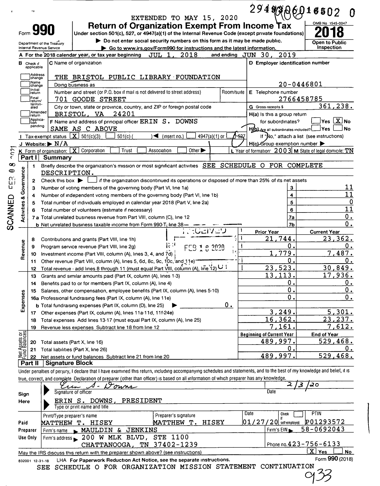 Image of first page of 2018 Form 990 for The Bristol Public Library Foundation