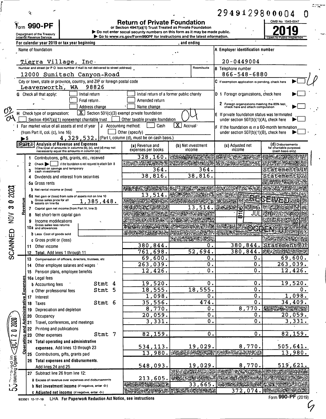 Image of first page of 2019 Form 990PF for Tierra Village