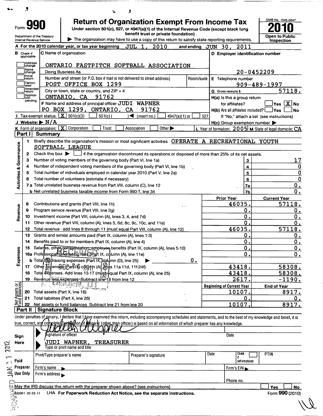 Image of first page of 2010 Form 990 for Ontario Fastpitch Softball Association