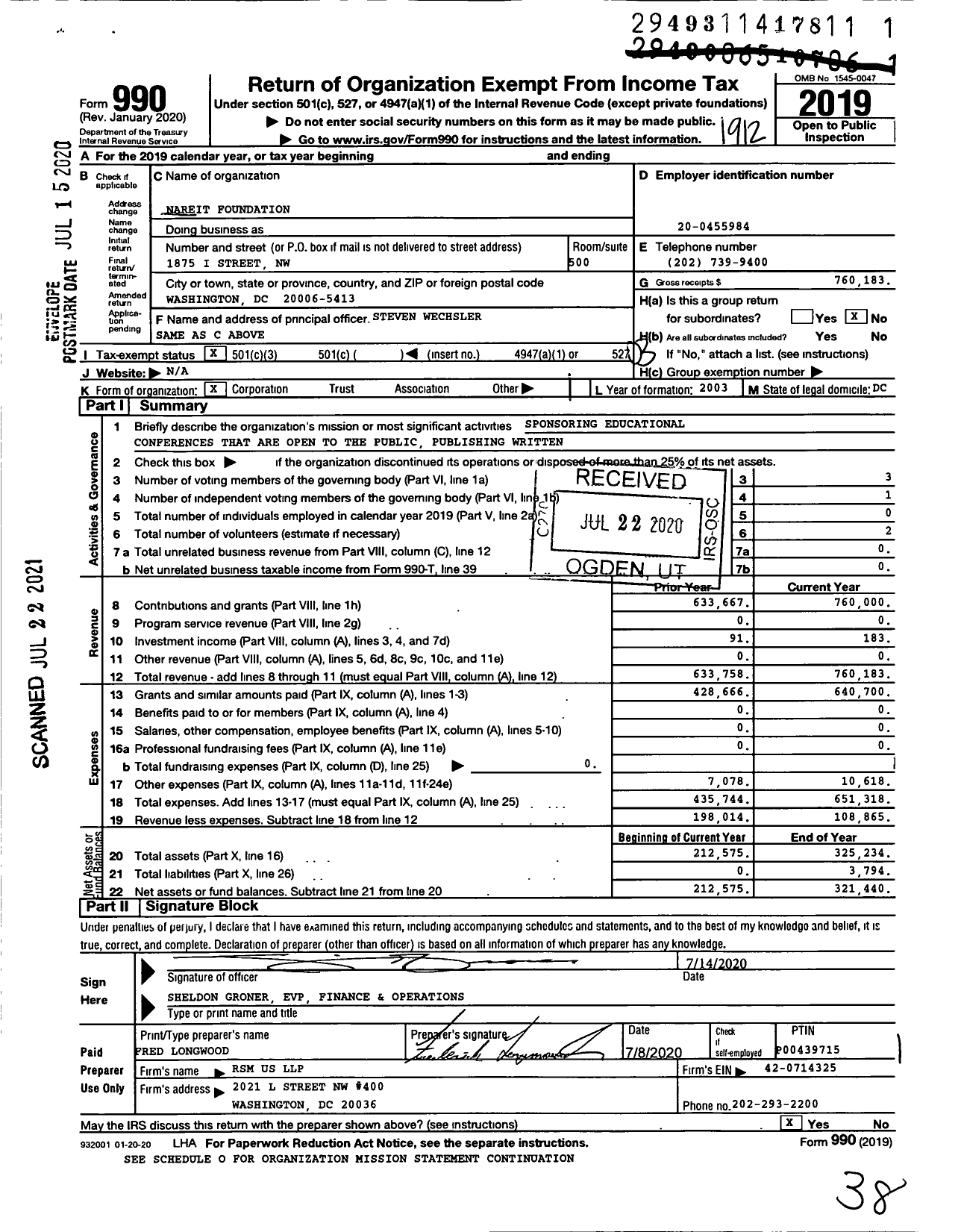 Image of first page of 2019 Form 990 for Nareit Foundation