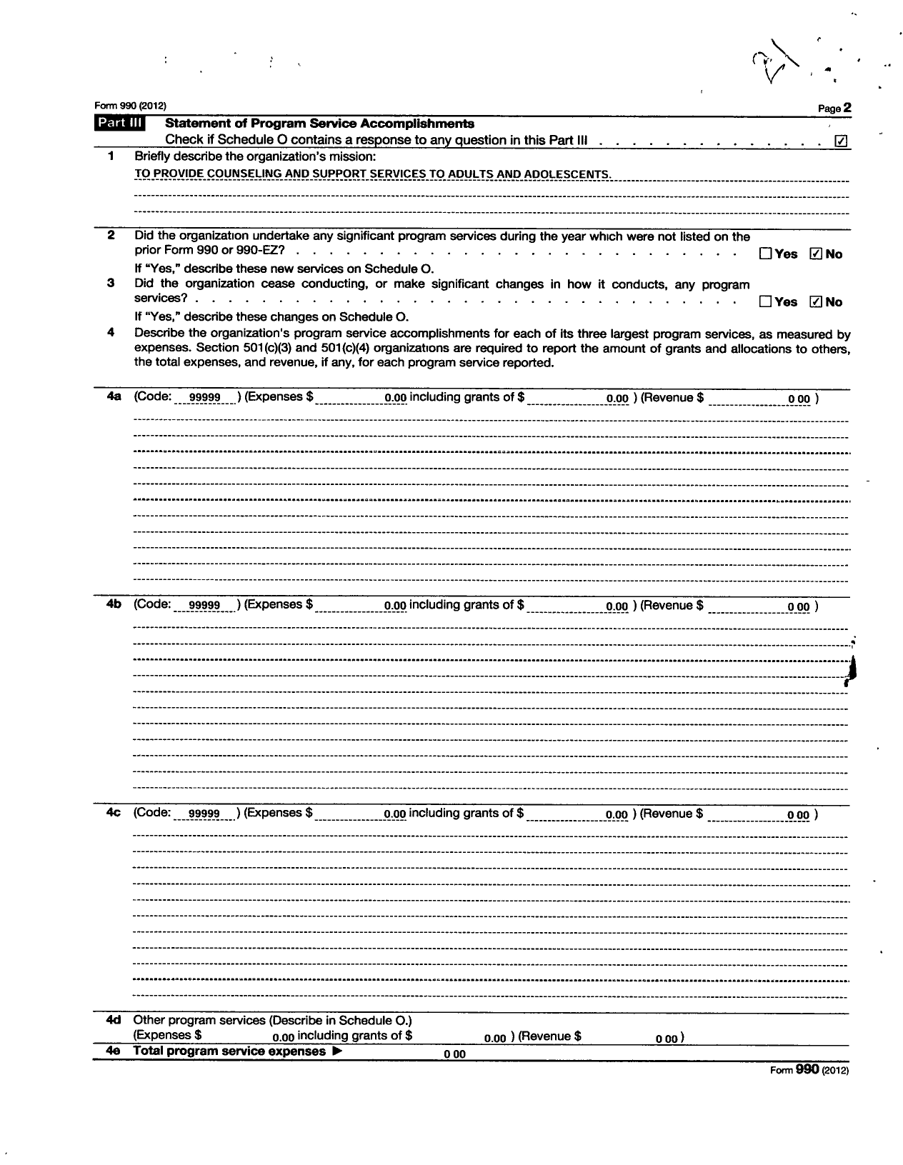 Image of first page of 2012 Form 990R for RWL Counseling and Support Services