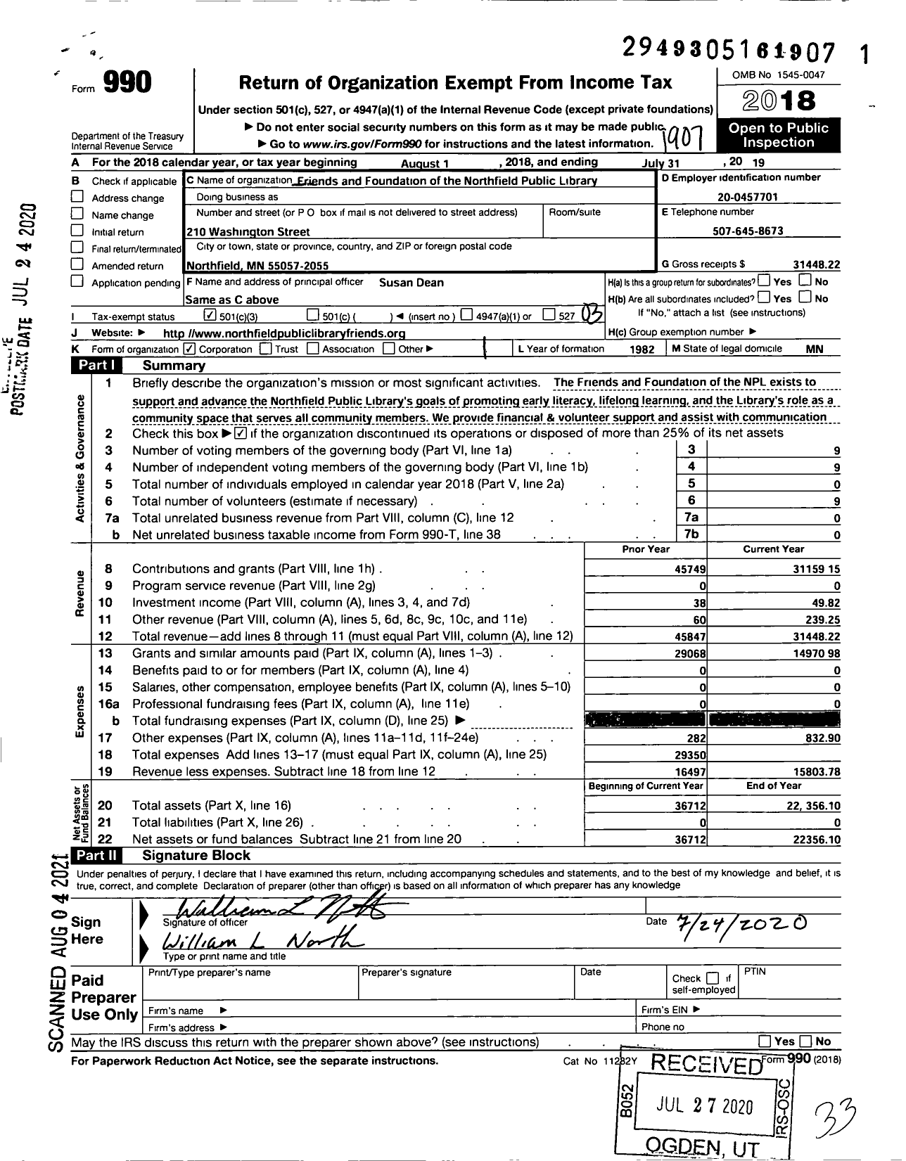 Image of first page of 2018 Form 990 for Friends and Foundation of the Northfield Public Library