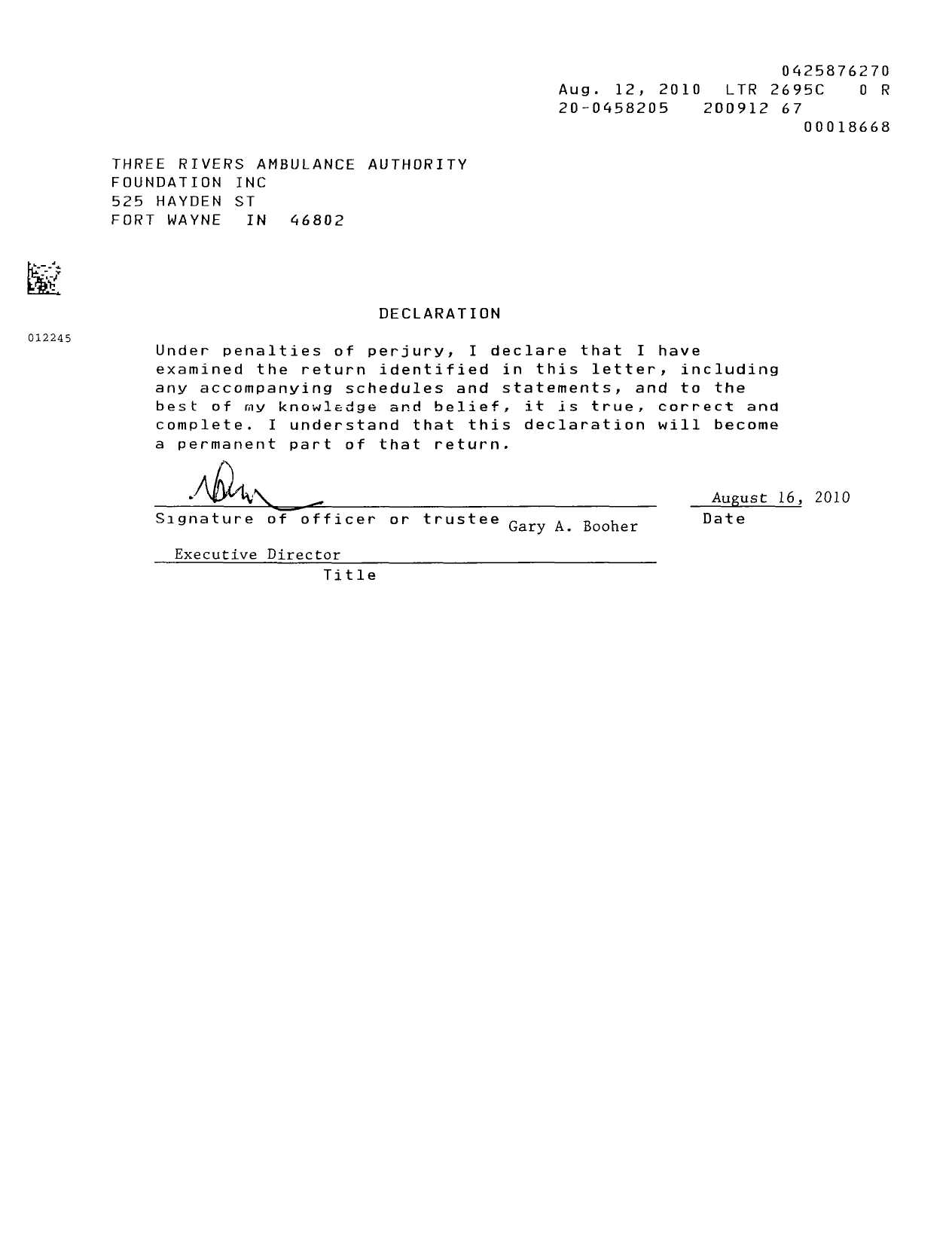 Image of first page of 2009 Form 990ER for Three Rivers Ambulance Authority Foundation