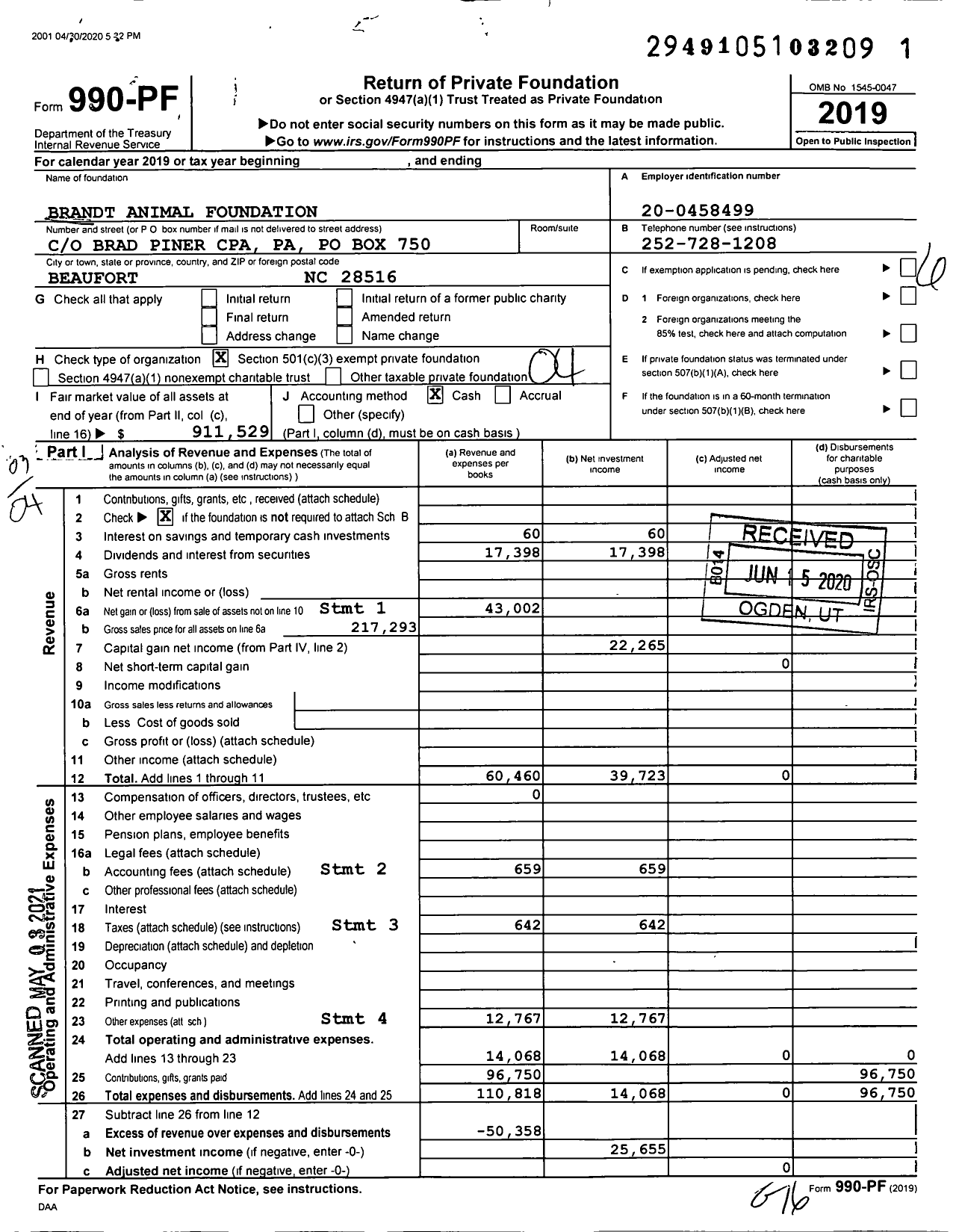 Image of first page of 2019 Form 990PF for Brandt Animal Foundation