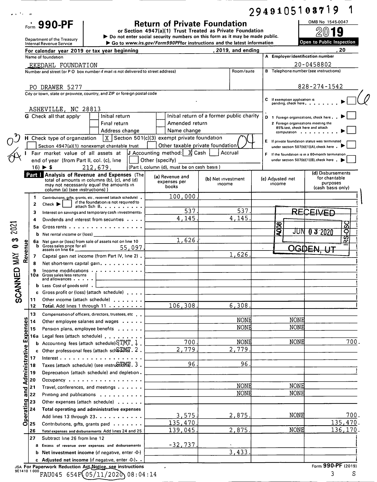 Image of first page of 2019 Form 990PF for Ekedahl Foundation