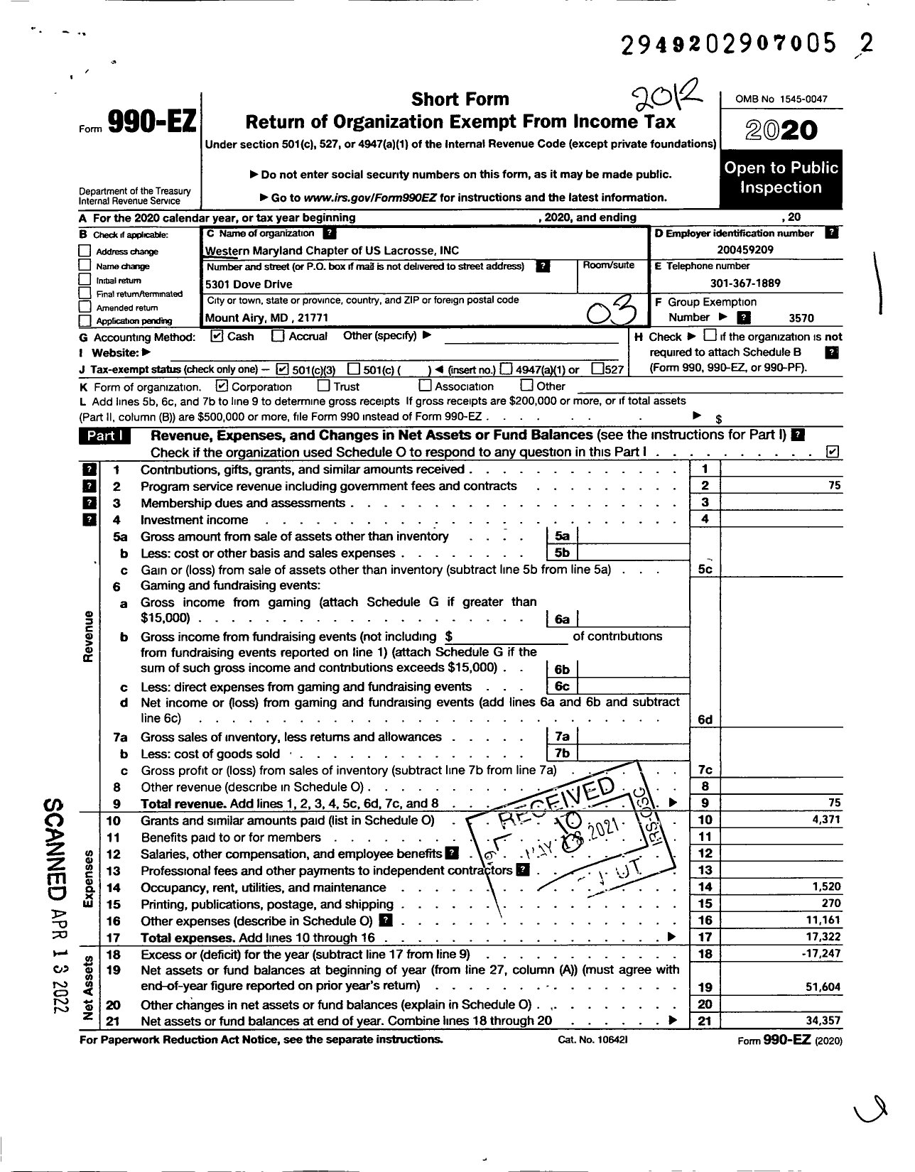 Image of first page of 2020 Form 990EZ for US LACROSSE / The Western Maryland Chapter