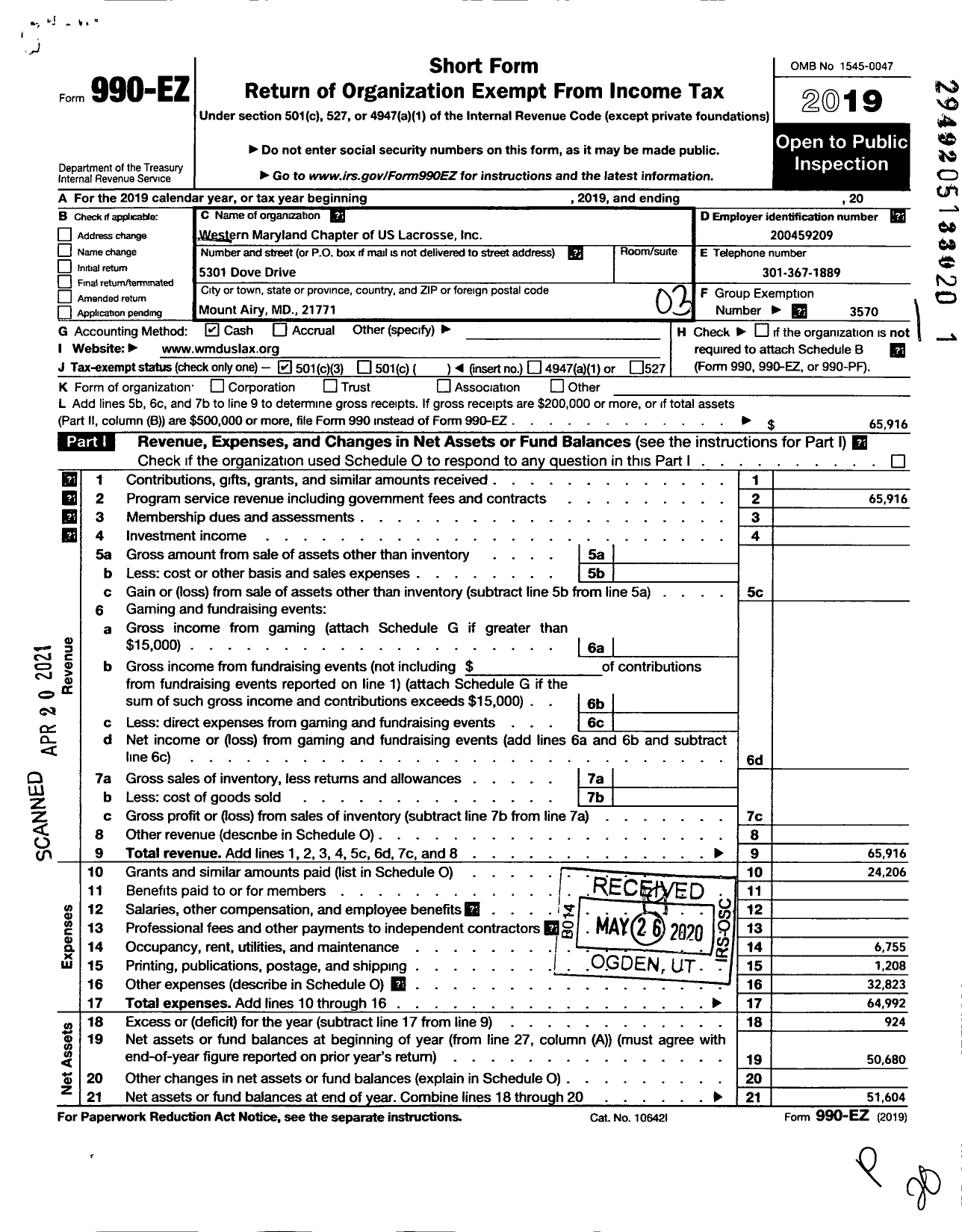 Image of first page of 2019 Form 990EZ for US LACROSSE / The Western Maryland Chapter