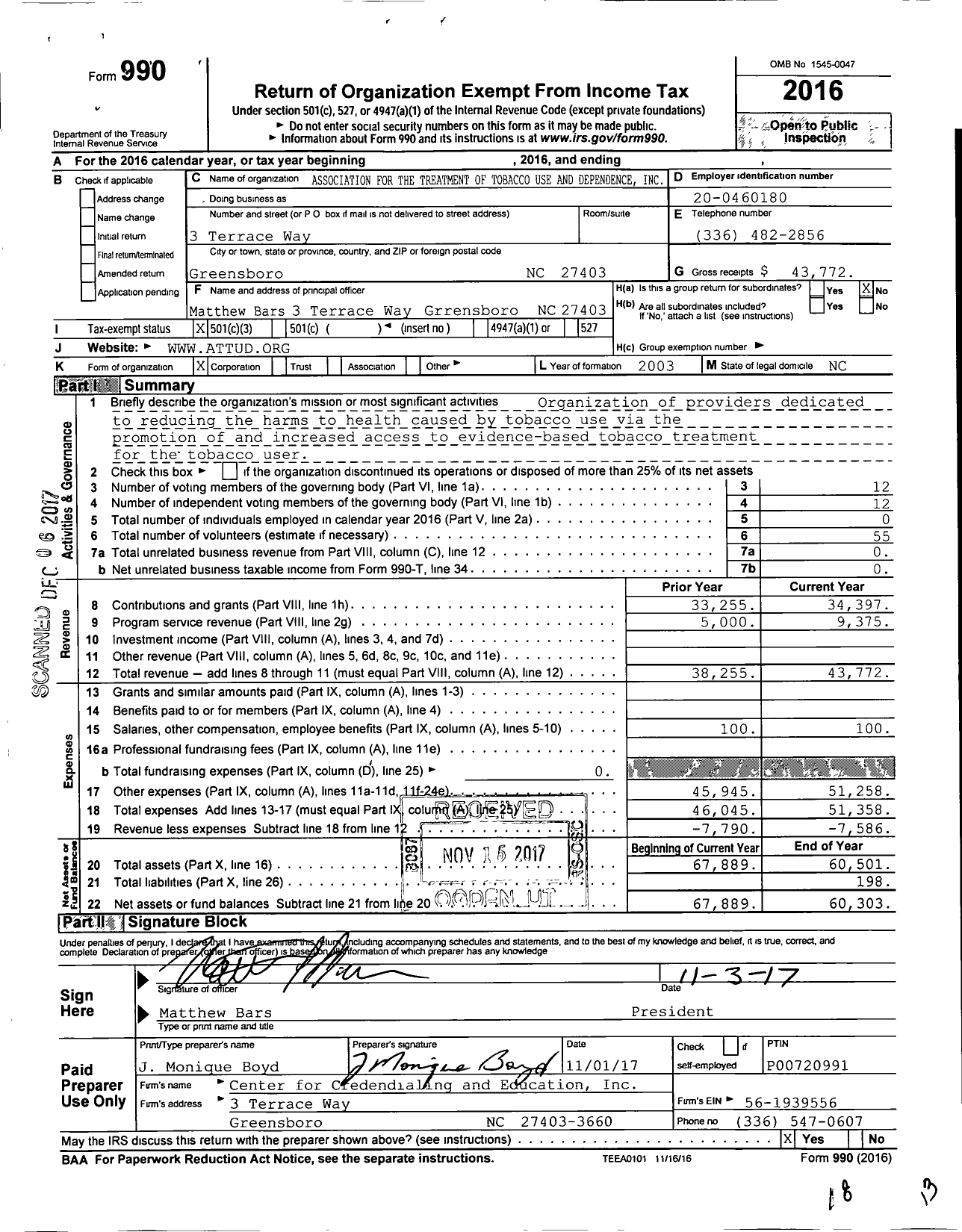 Image of first page of 2016 Form 990 for Association for the Treatment of Tobacco Use and Dependencence