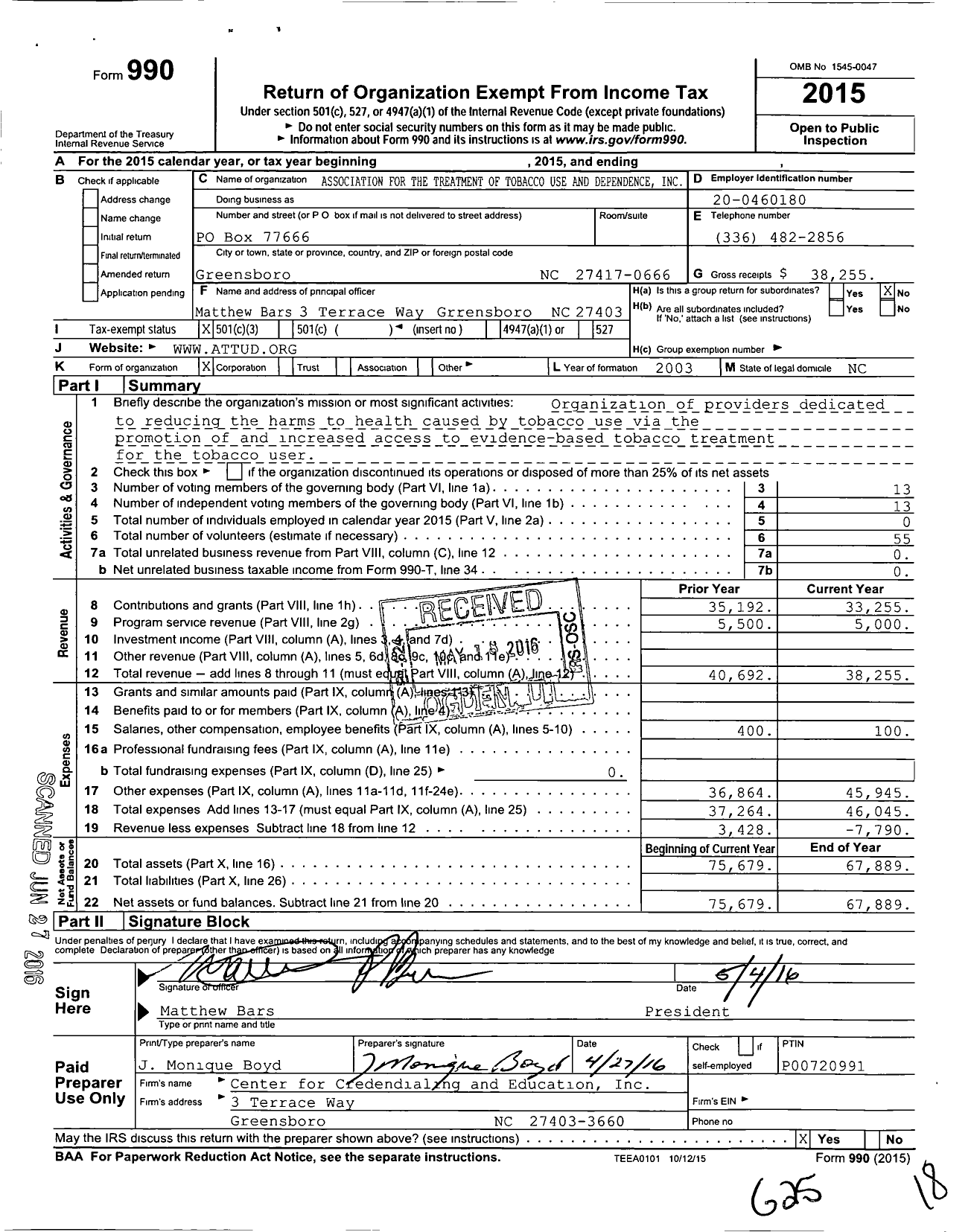 Image of first page of 2015 Form 990 for Association for the Treatment of Tobacco Use and Dependencence