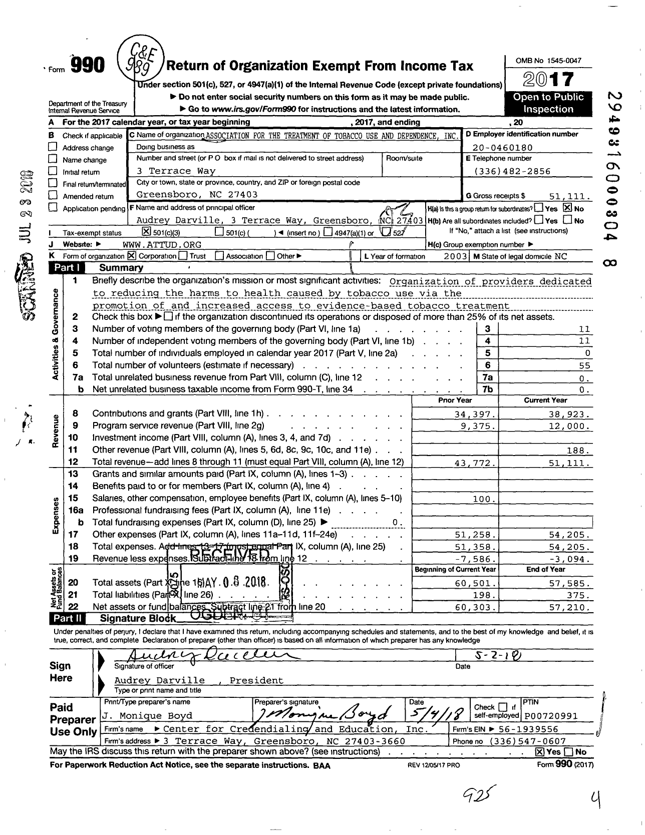 Image of first page of 2017 Form 990 for Association for the Treatment of Tobacco Use and Dependencence