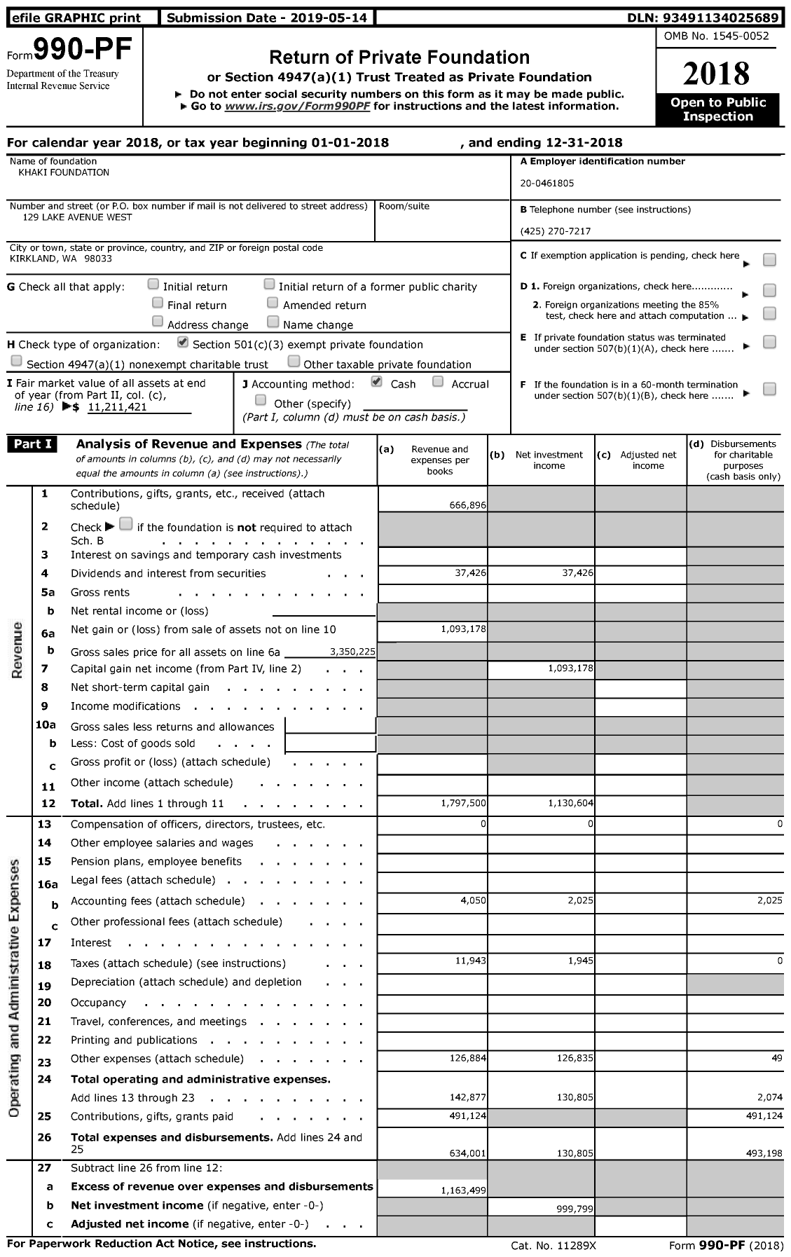 Image of first page of 2018 Form 990PF for Khaki Foundation
