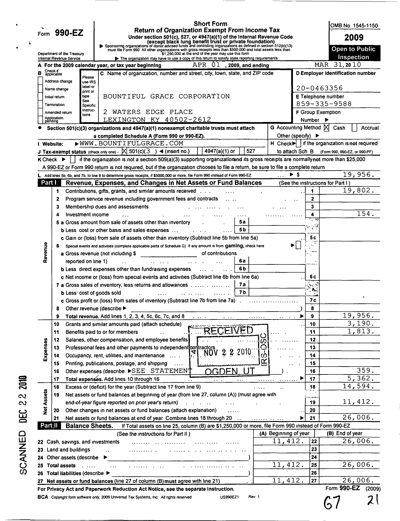 Image of first page of 2009 Form 990EZ for Bountiful Grace Corporation