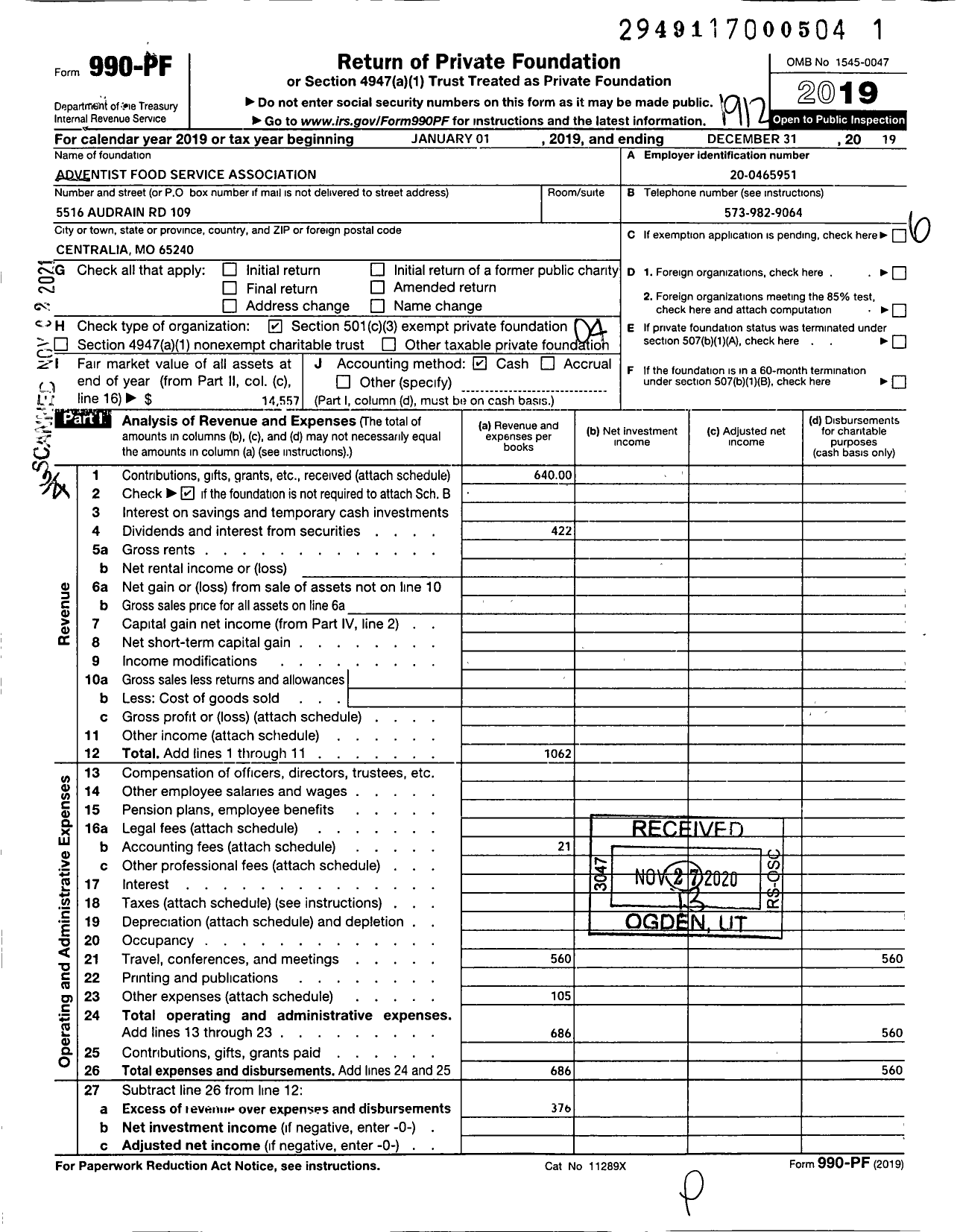 Image of first page of 2019 Form 990PF for Adventist Food Service Association