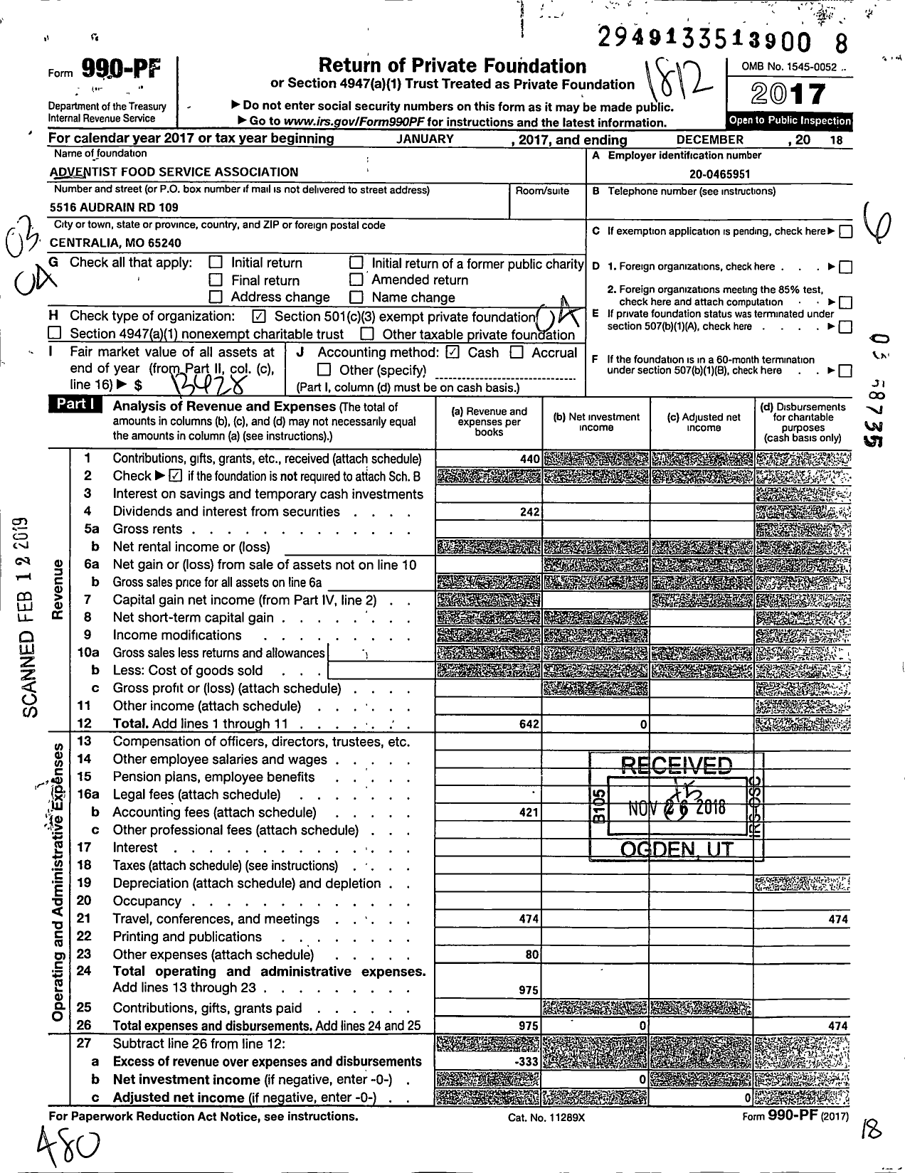 Image of first page of 2018 Form 990PF for Adventist Food Service Association