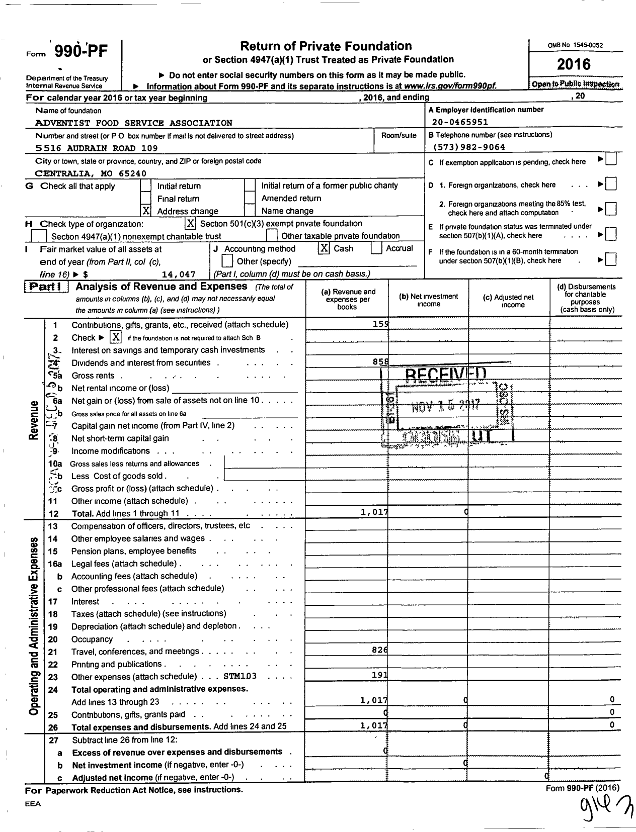 Image of first page of 2016 Form 990PF for Adventist Food Service Association