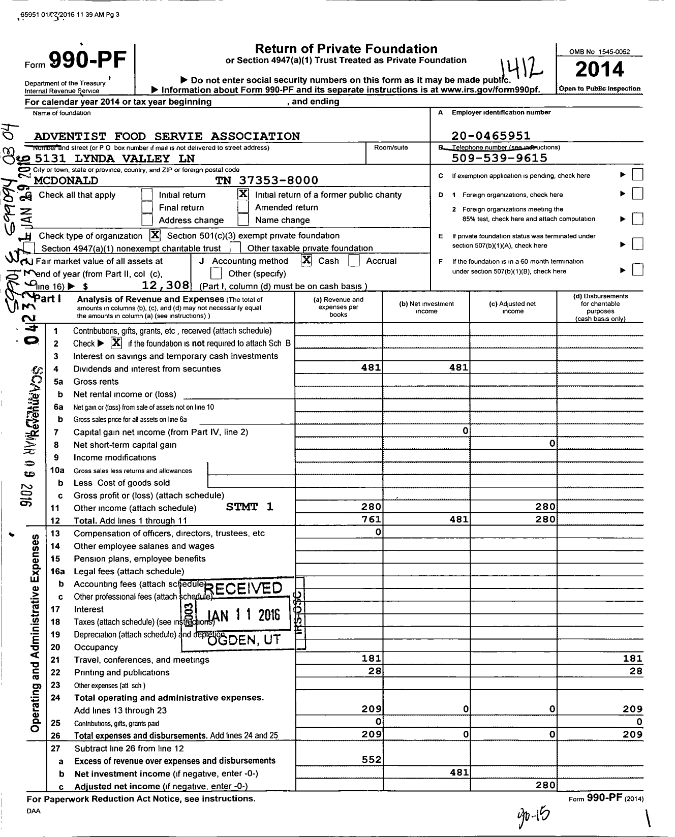 Image of first page of 2014 Form 990PF for Adventist Food Service Association