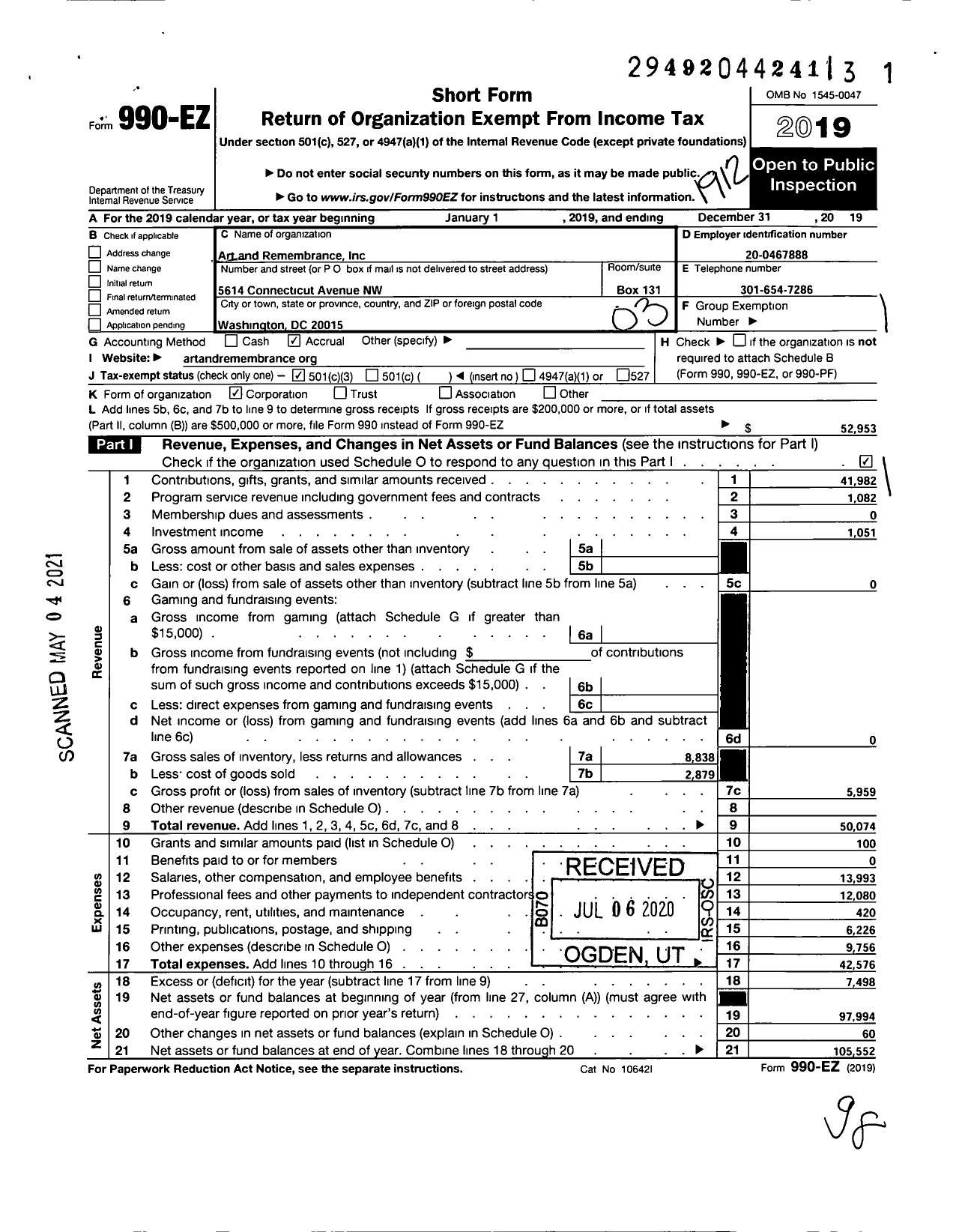 Image of first page of 2019 Form 990EZ for Art and Remembrance