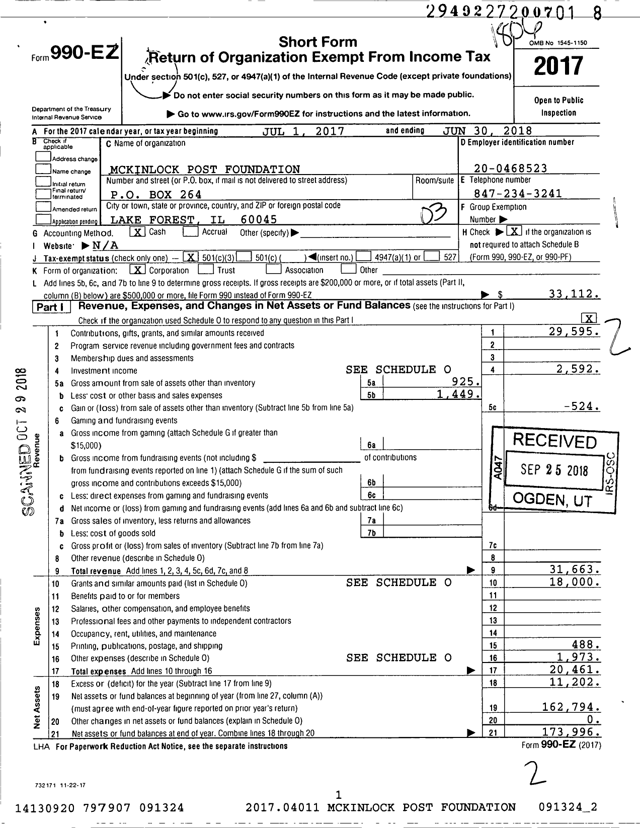 Image of first page of 2017 Form 990EZ for Mckinlock Post Foundation