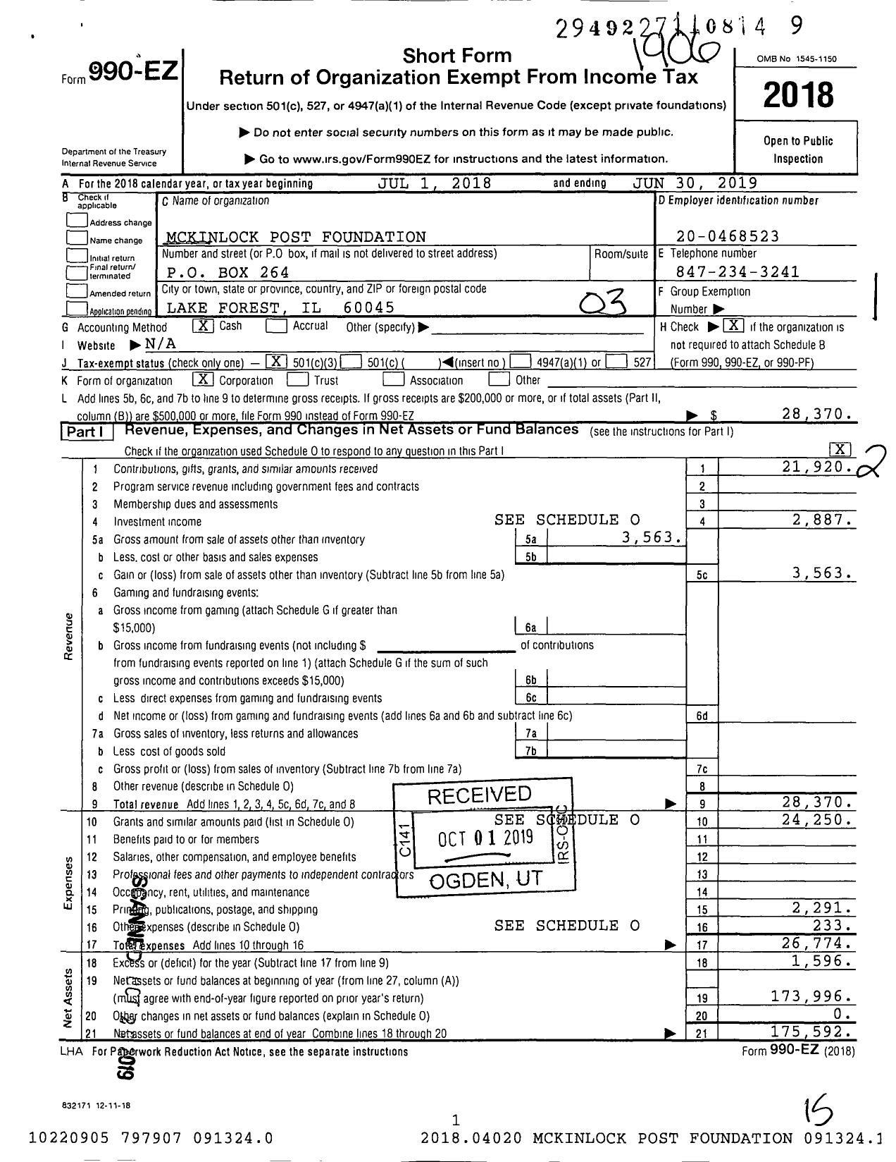 Image of first page of 2018 Form 990EZ for Mckinlock Post Foundation