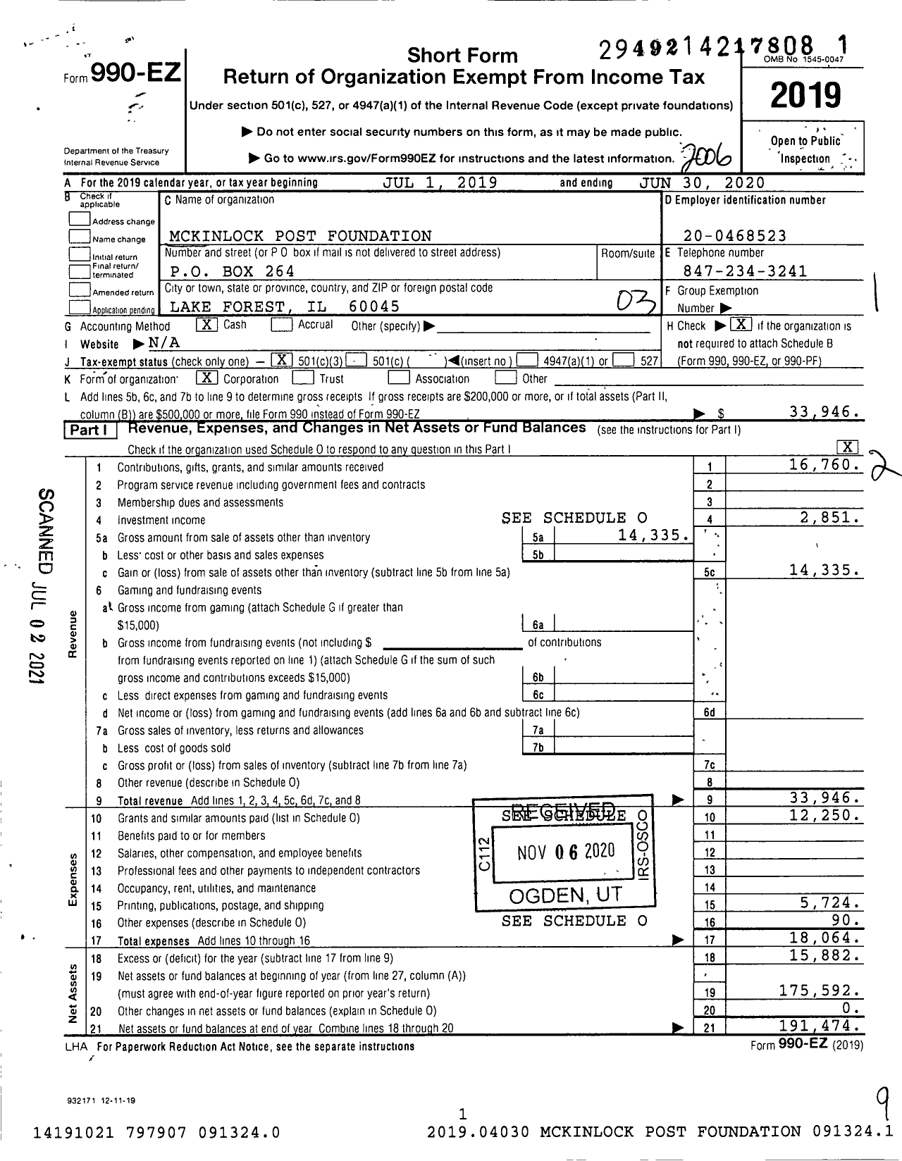 Image of first page of 2019 Form 990EZ for Mckinlock Post Foundation