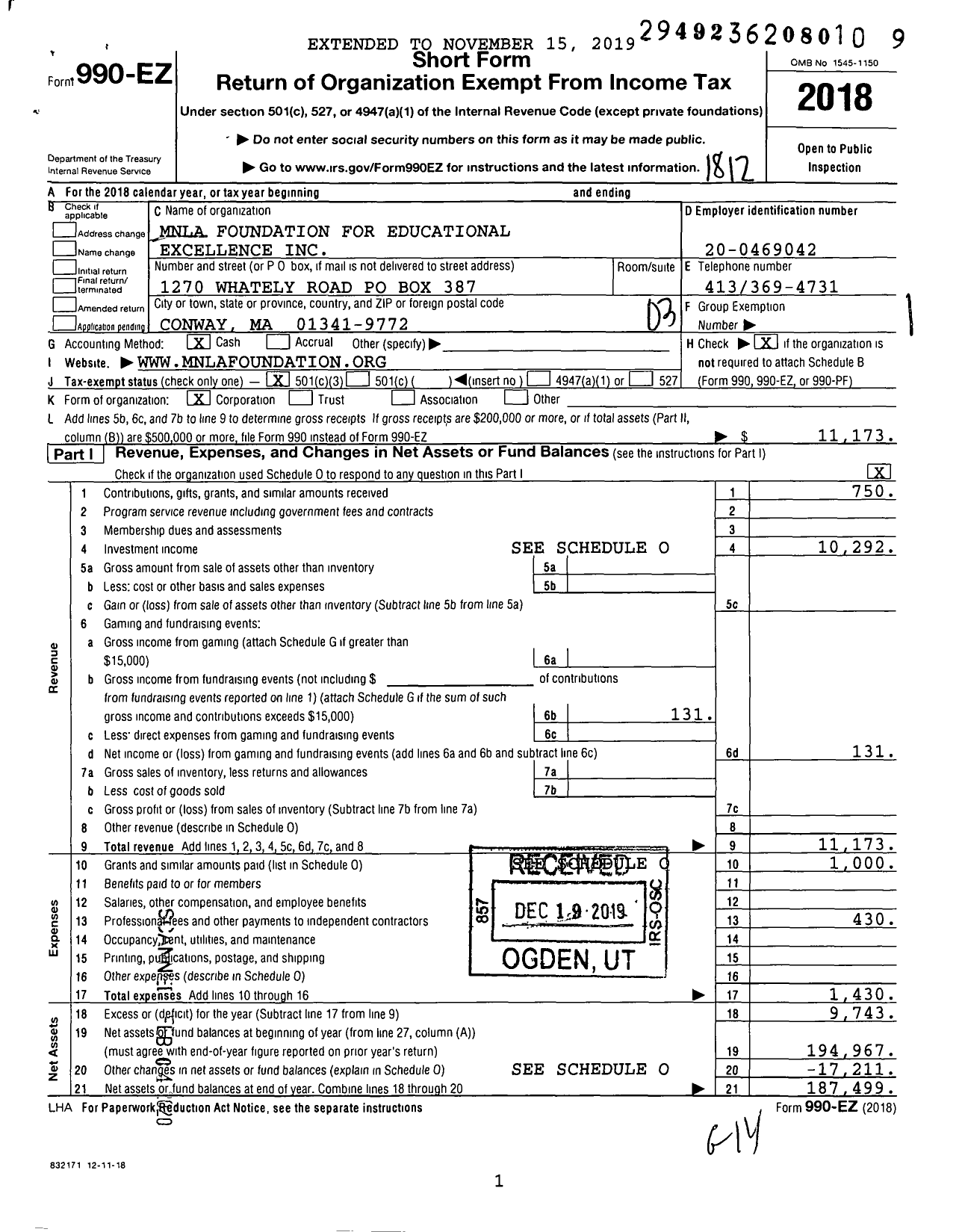 Image of first page of 2018 Form 990EZ for Mnla Foundation for Educational Excellence