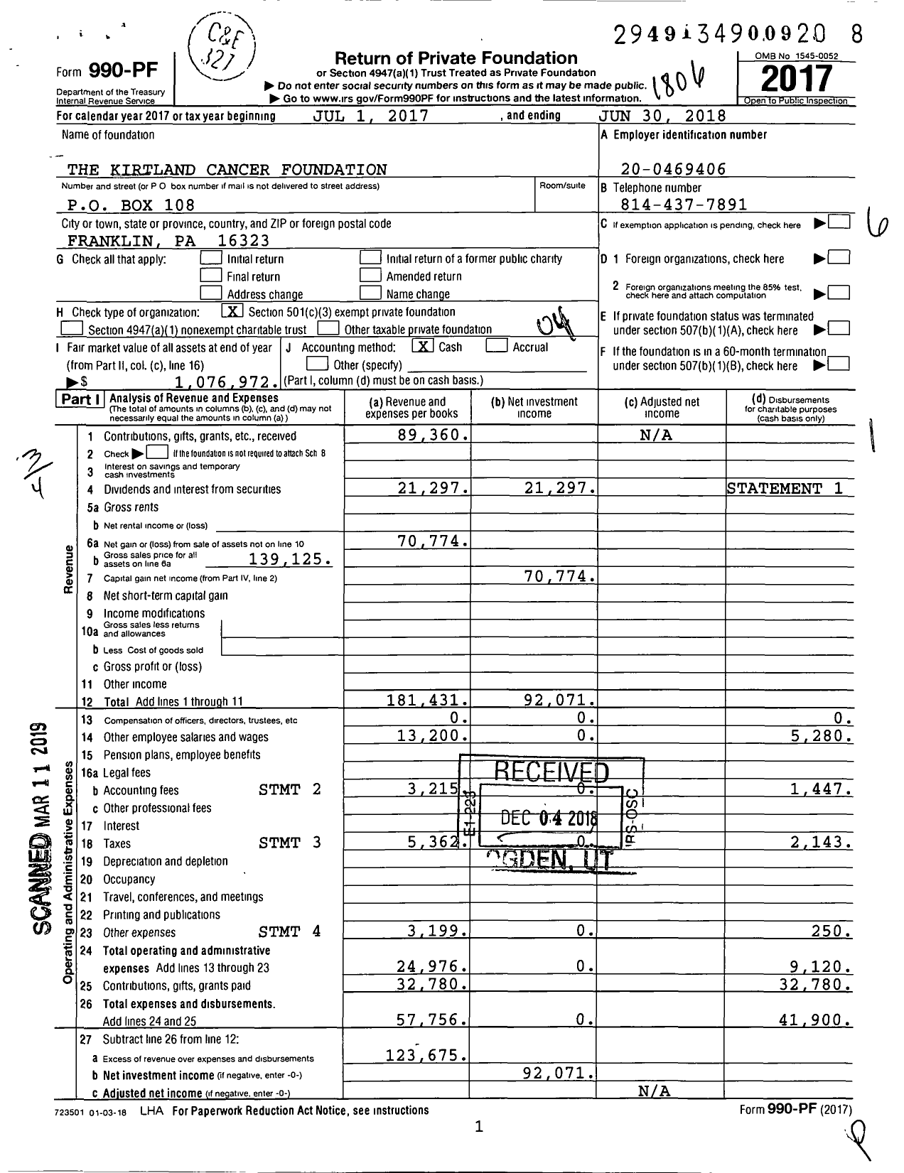 Image of first page of 2017 Form 990PF for The Kirtland Cancer Foundation