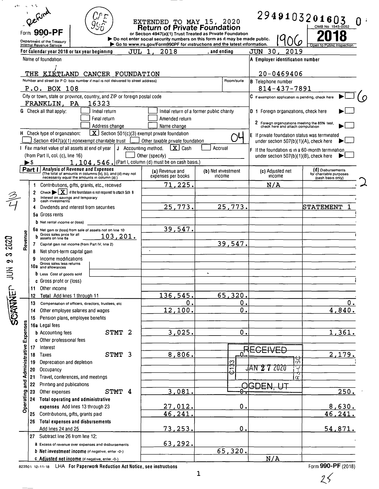 Image of first page of 2018 Form 990PR for The Kirtland Cancer Foundation