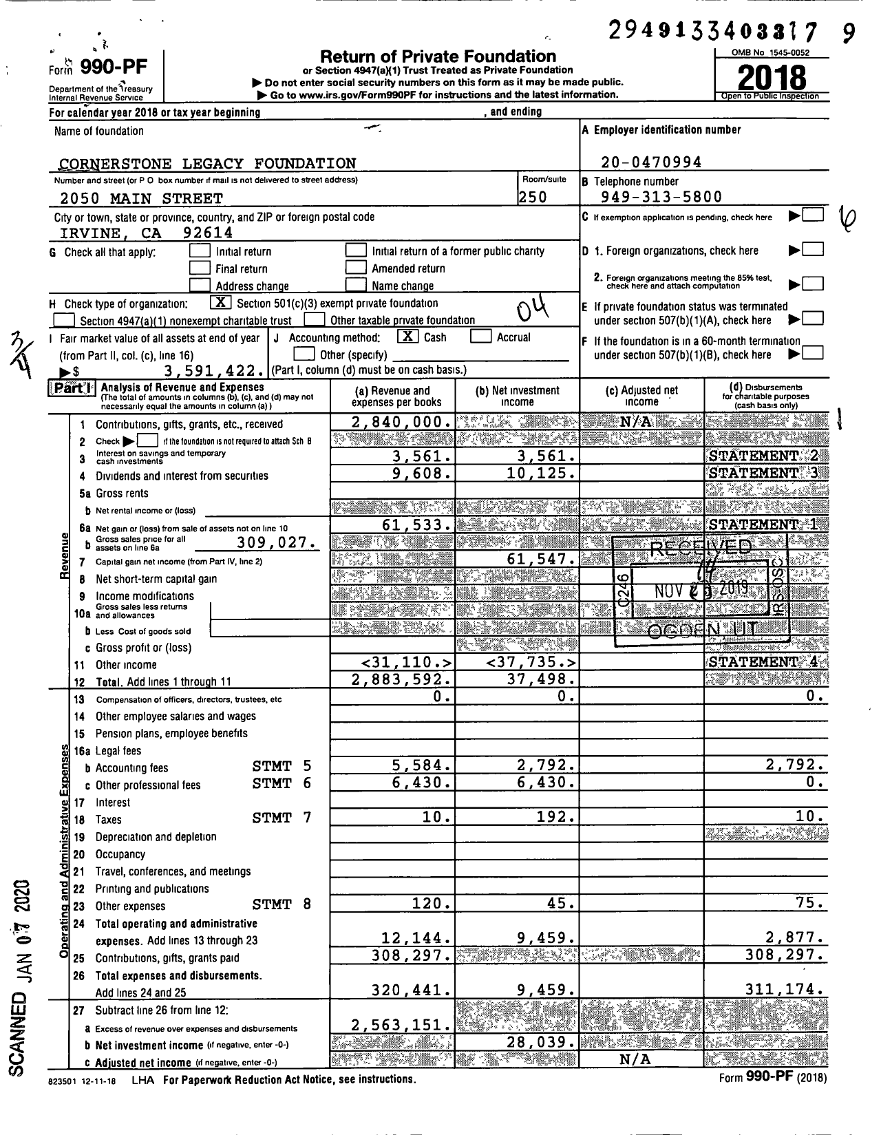 Image of first page of 2018 Form 990PF for Cornerstone Legacy Foundation