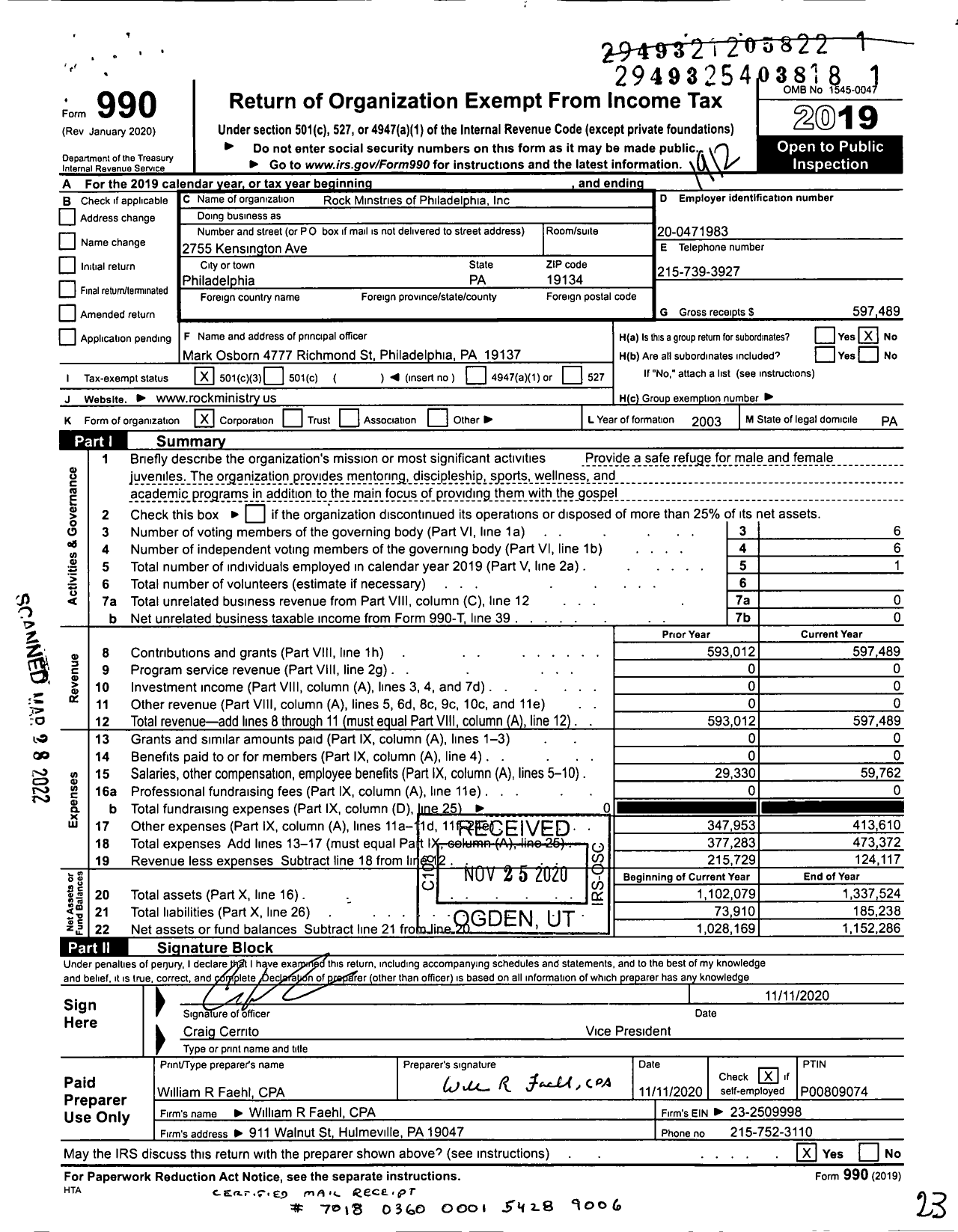 Image of first page of 2019 Form 990 for Rock Minstries of Philadelphia