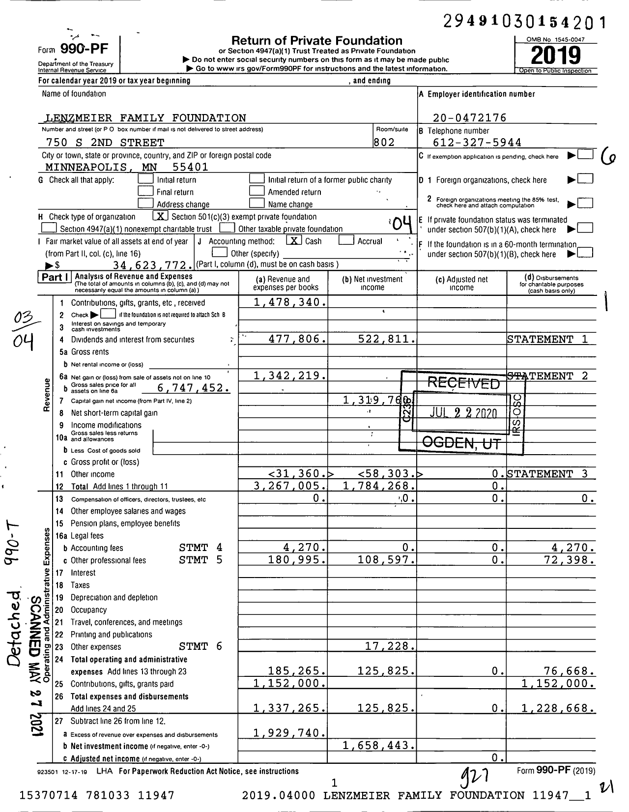 Image of first page of 2019 Form 990PF for Lenzmeier Family Foundation