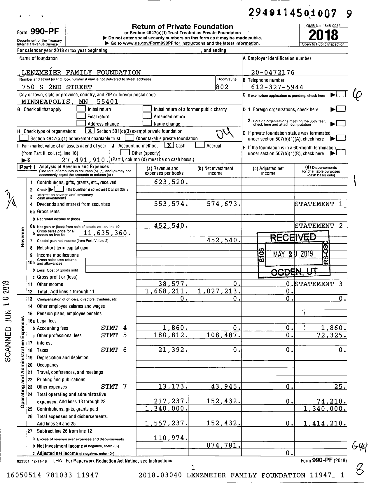 Image of first page of 2018 Form 990PF for Lenzmeier Family Foundation